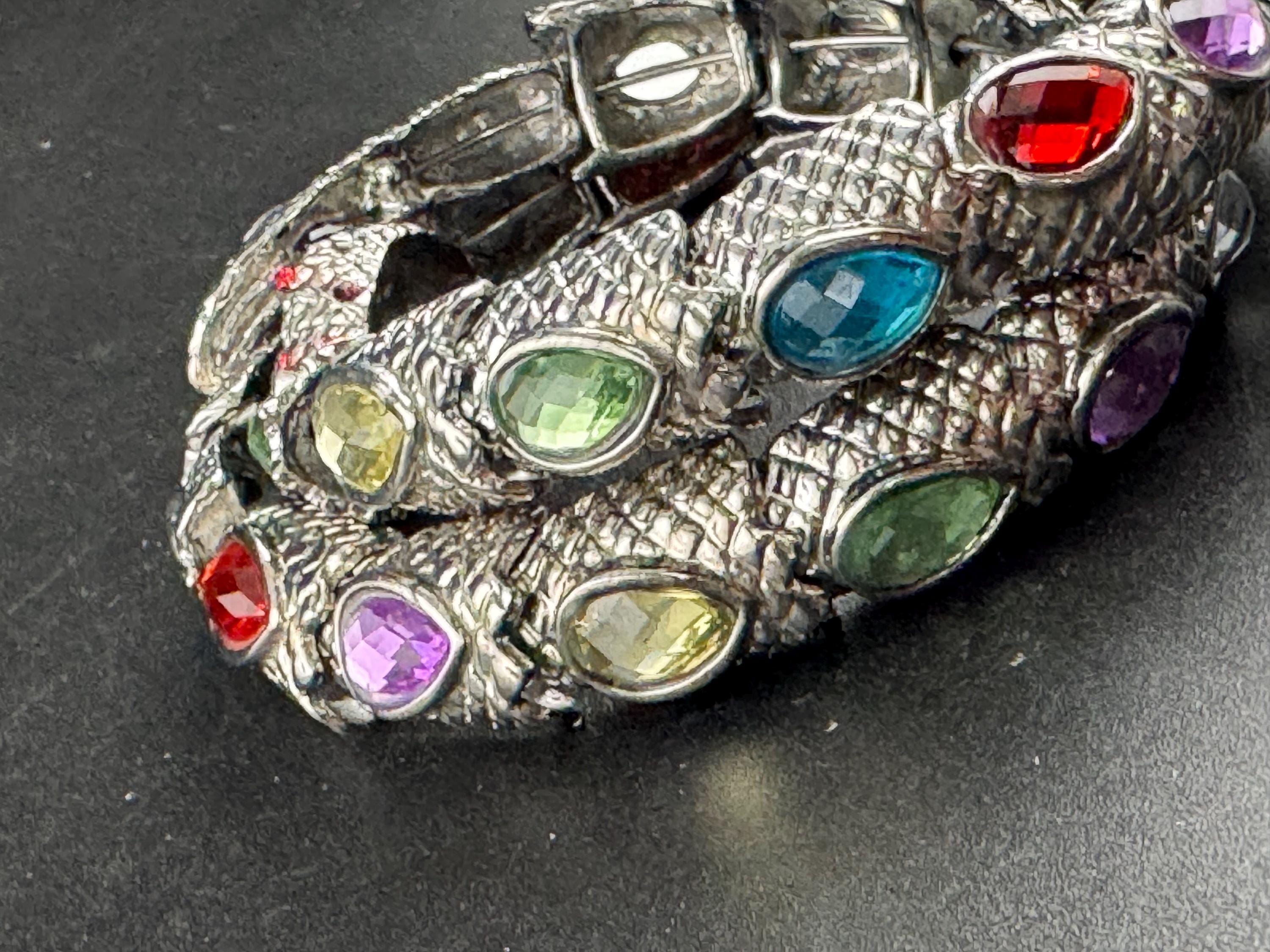Silver wrap Snake Bangle,  Vintage Bracelet with rainbow crystal stones