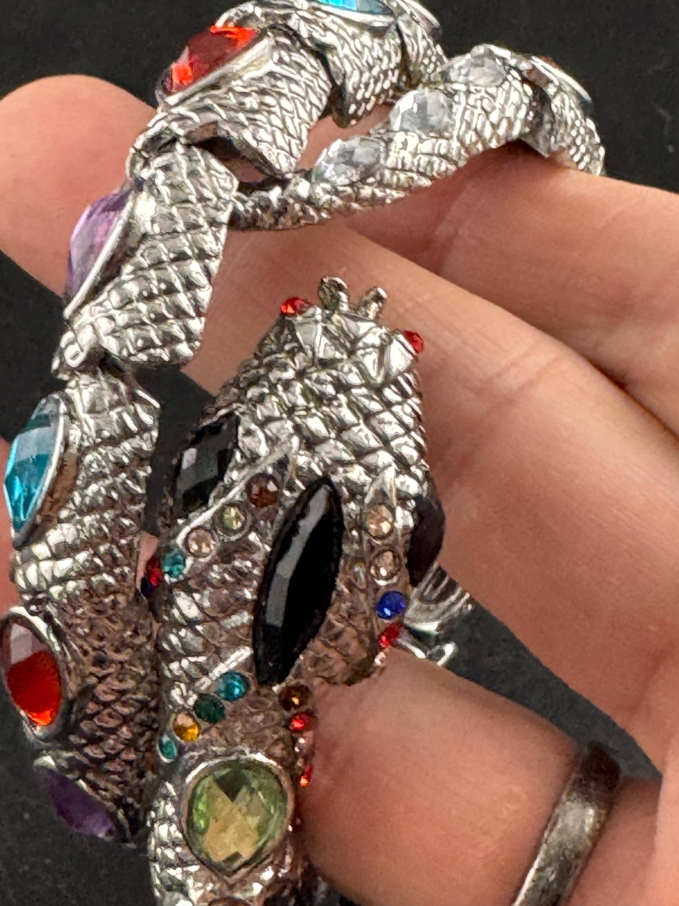 Silver wrap Snake Bangle,  Vintage Bracelet with rainbow crystal stones