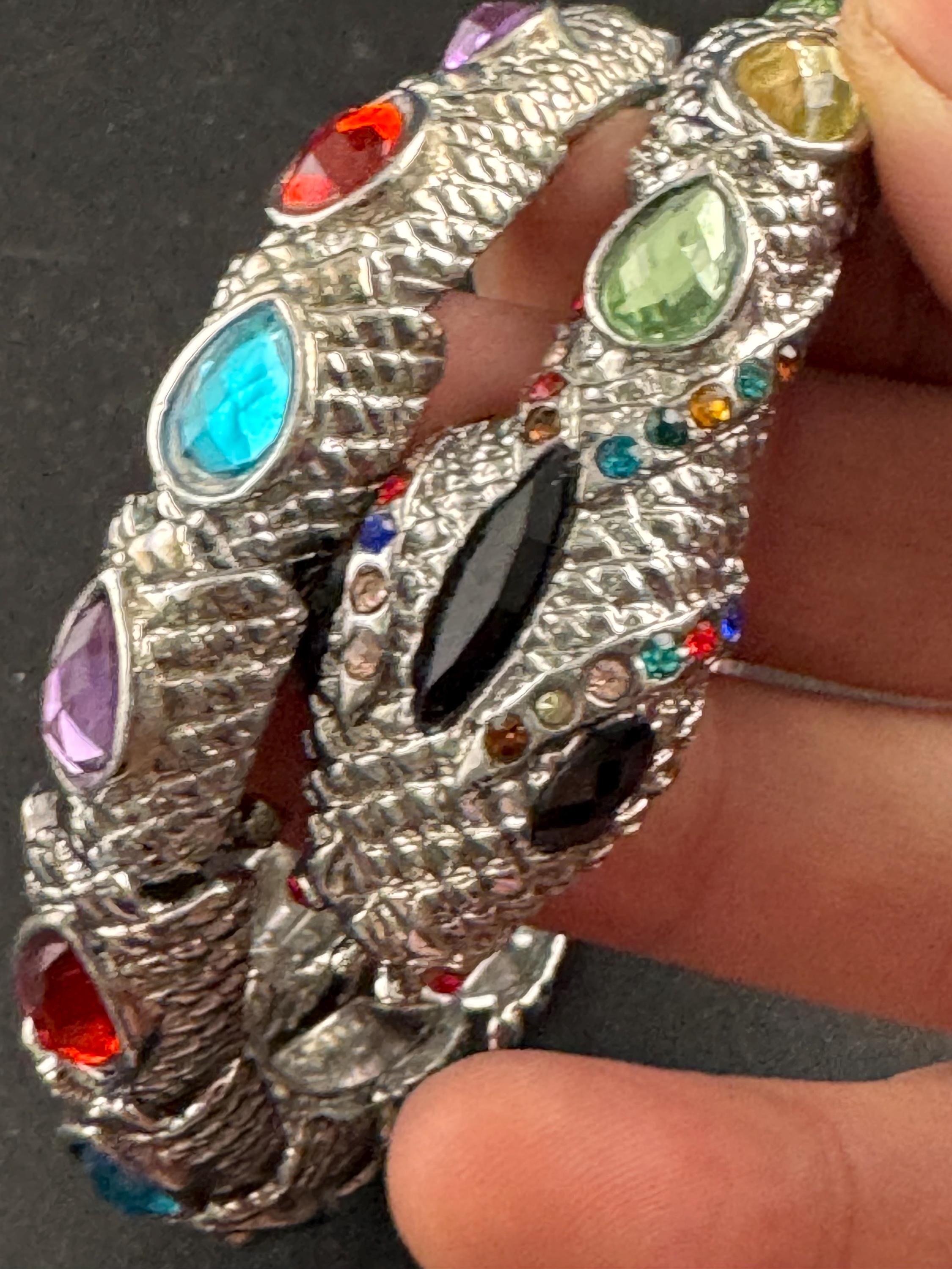 Silver wrap Snake Bangle,  Vintage Bracelet with rainbow crystal stones