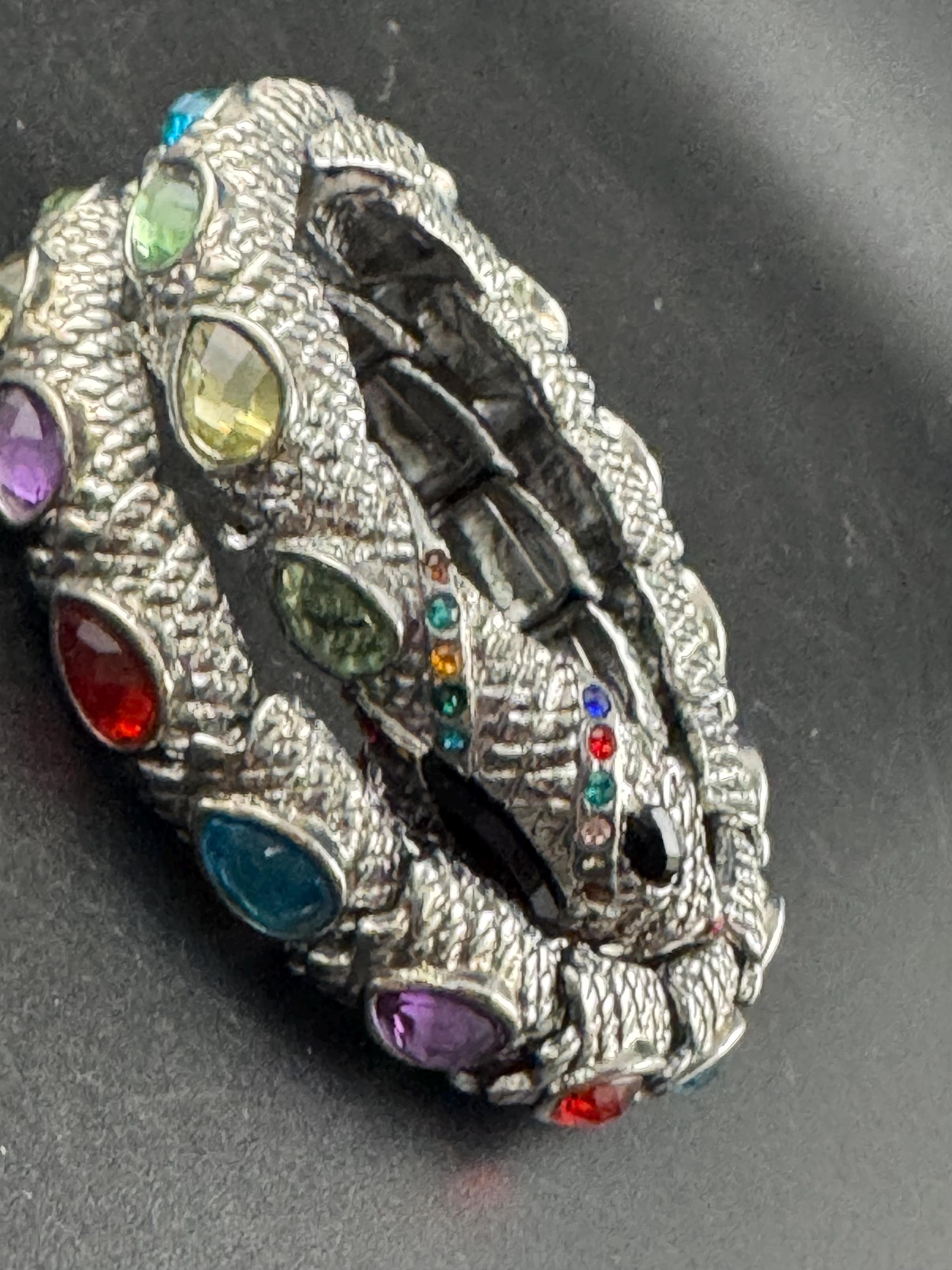 Silver wrap Snake Bangle,  Vintage Bracelet with rainbow crystal stones