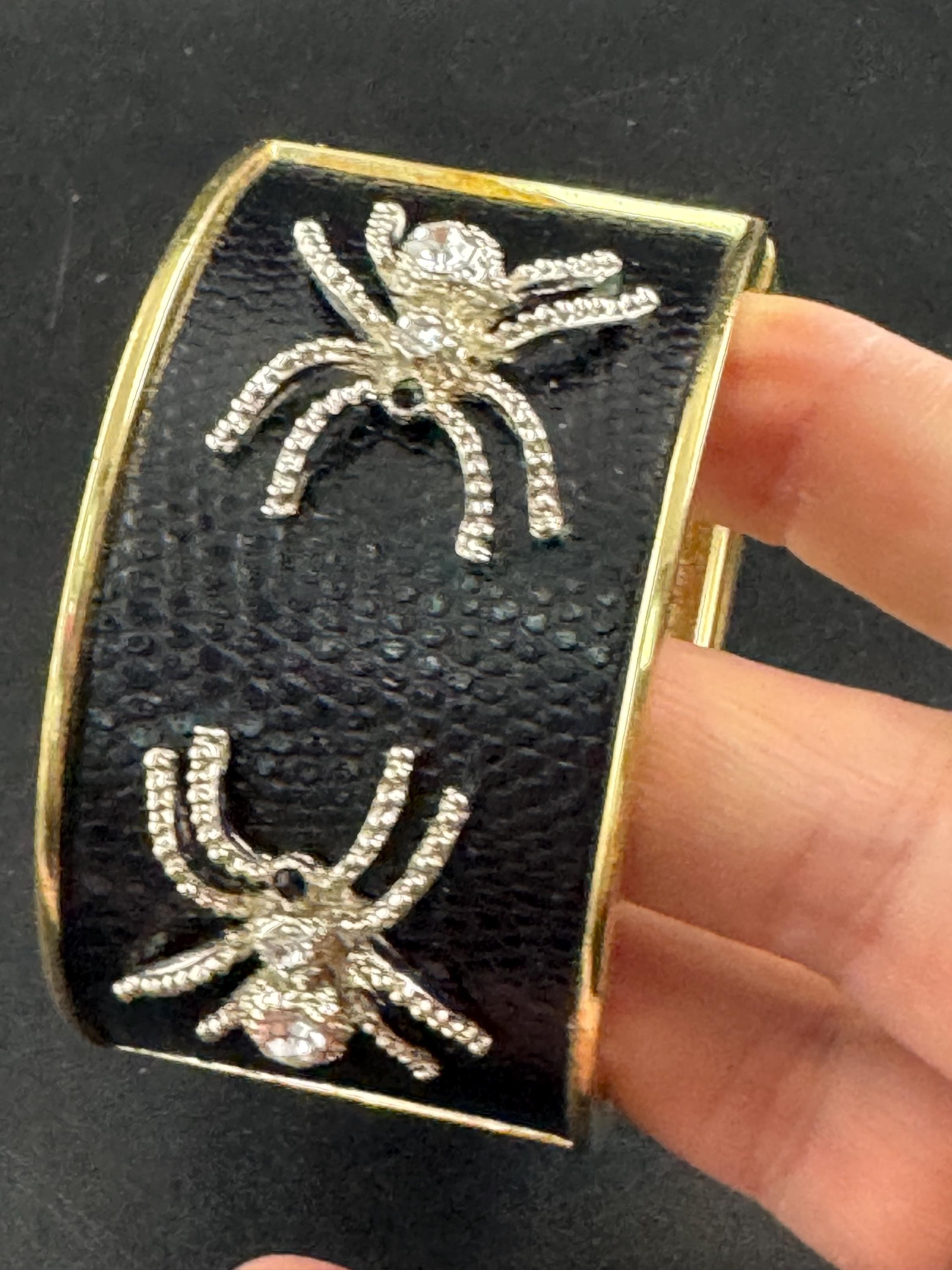 Wide spider Clamper Bangle: Black with Diamanté Crystals, Gold Tone