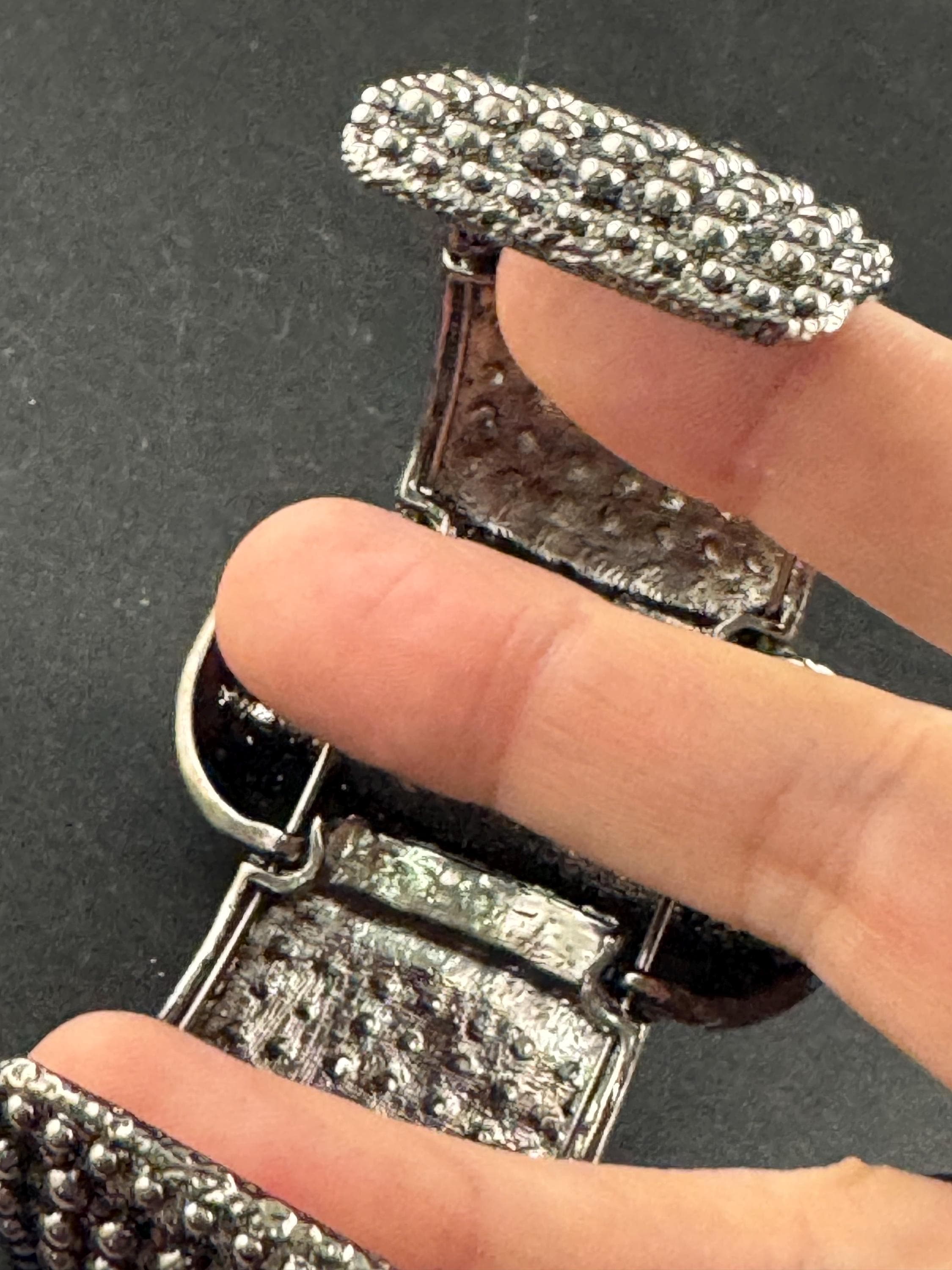 clear diamanté hinged clamper bangle, Vintage wide chunky dark silver tone