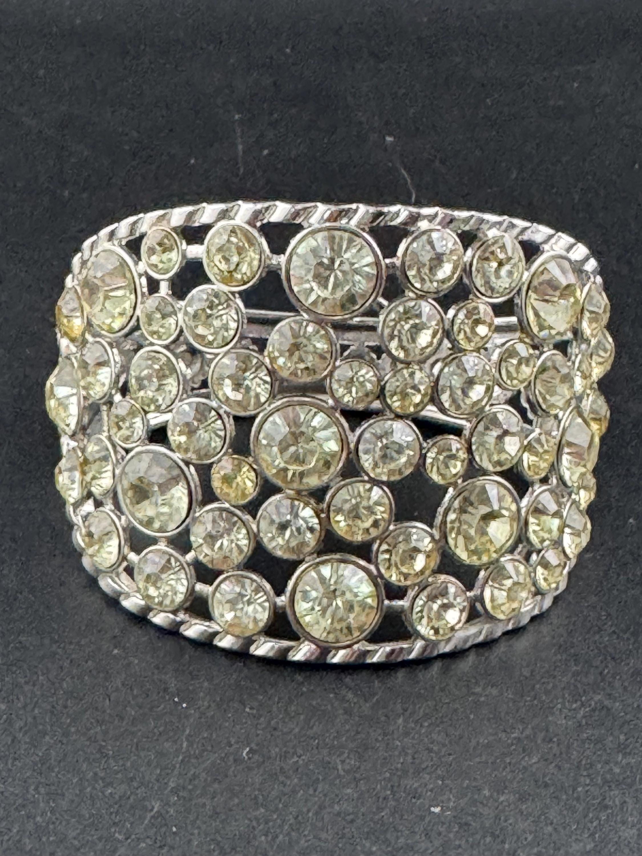 clear diamanté hinged clamper bangle, Vintage wide chunky silver tone