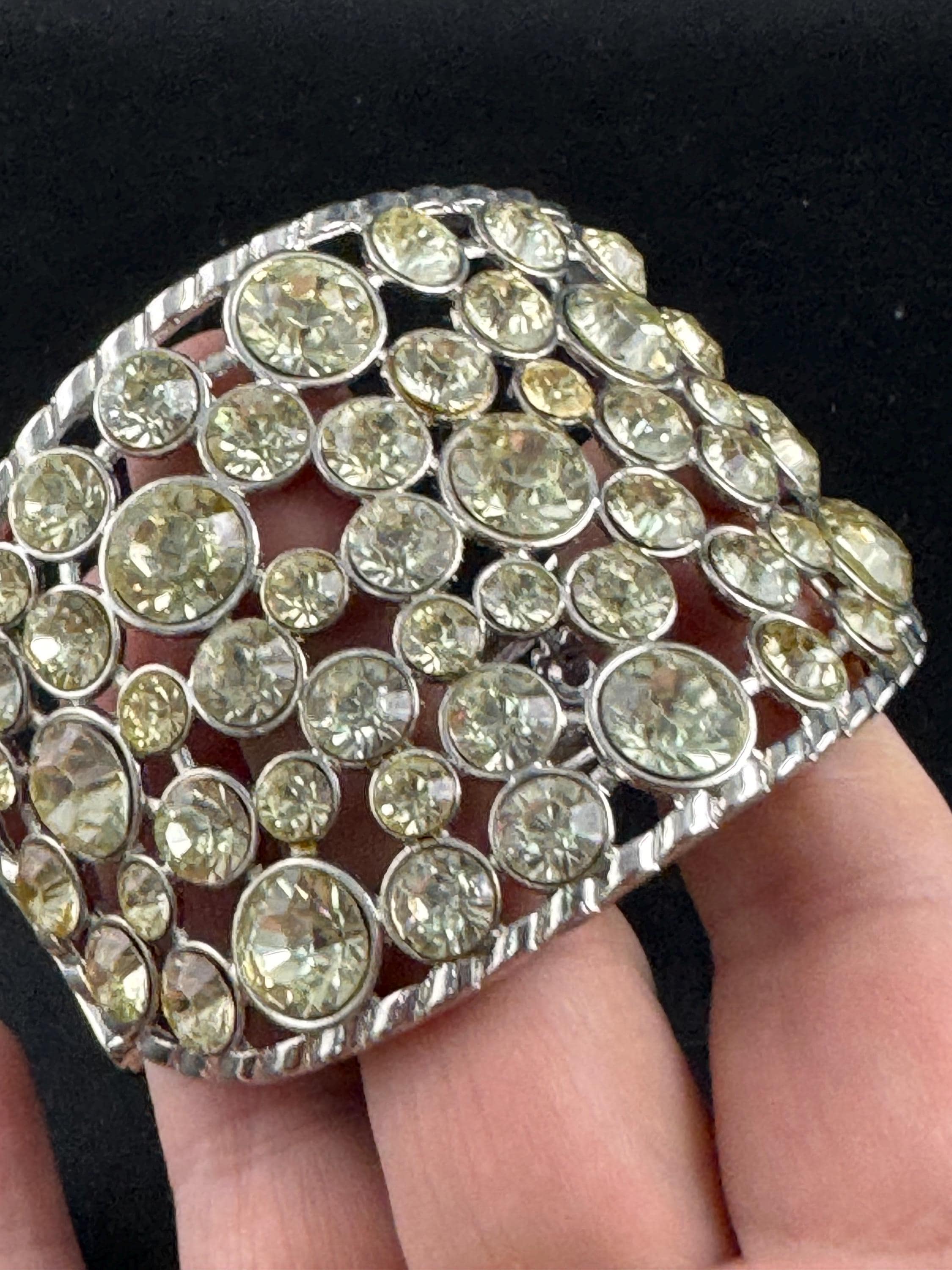 clear diamanté hinged clamper bangle, Vintage wide chunky silver tone