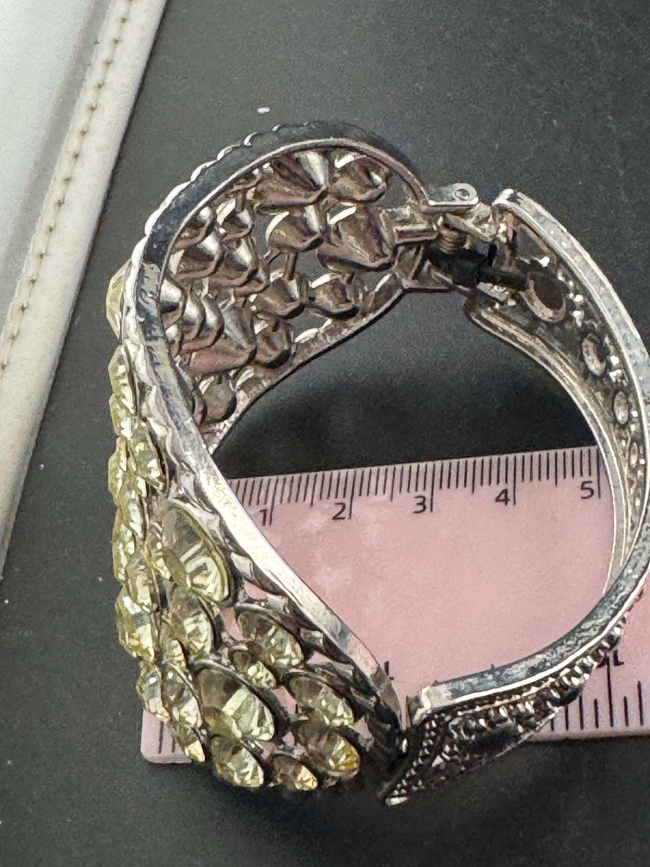 clear diamanté hinged clamper bangle, Vintage wide chunky silver tone