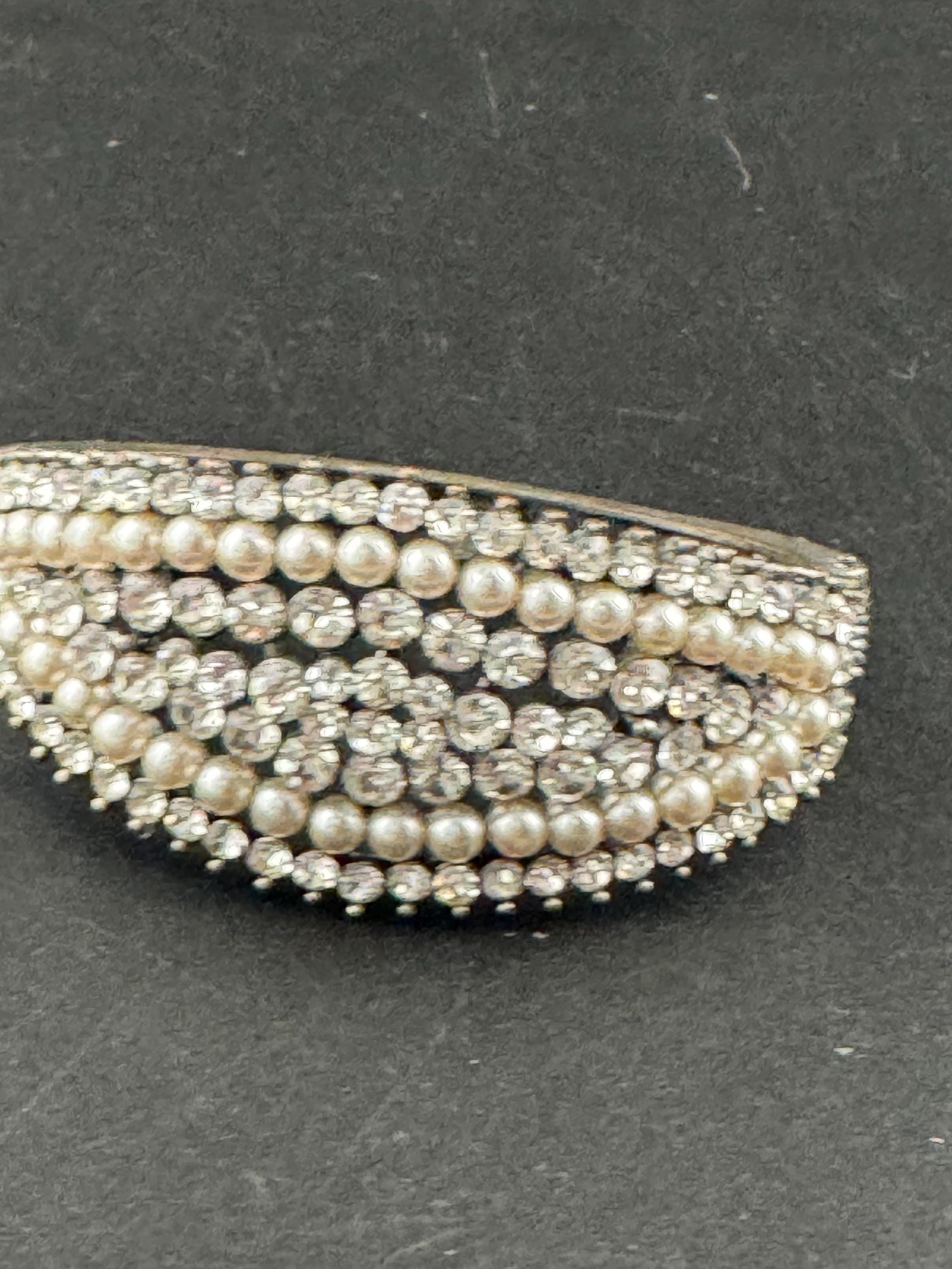 Pearl and diamanté hinged clamper bangle, Vintage wide chunky silver tone