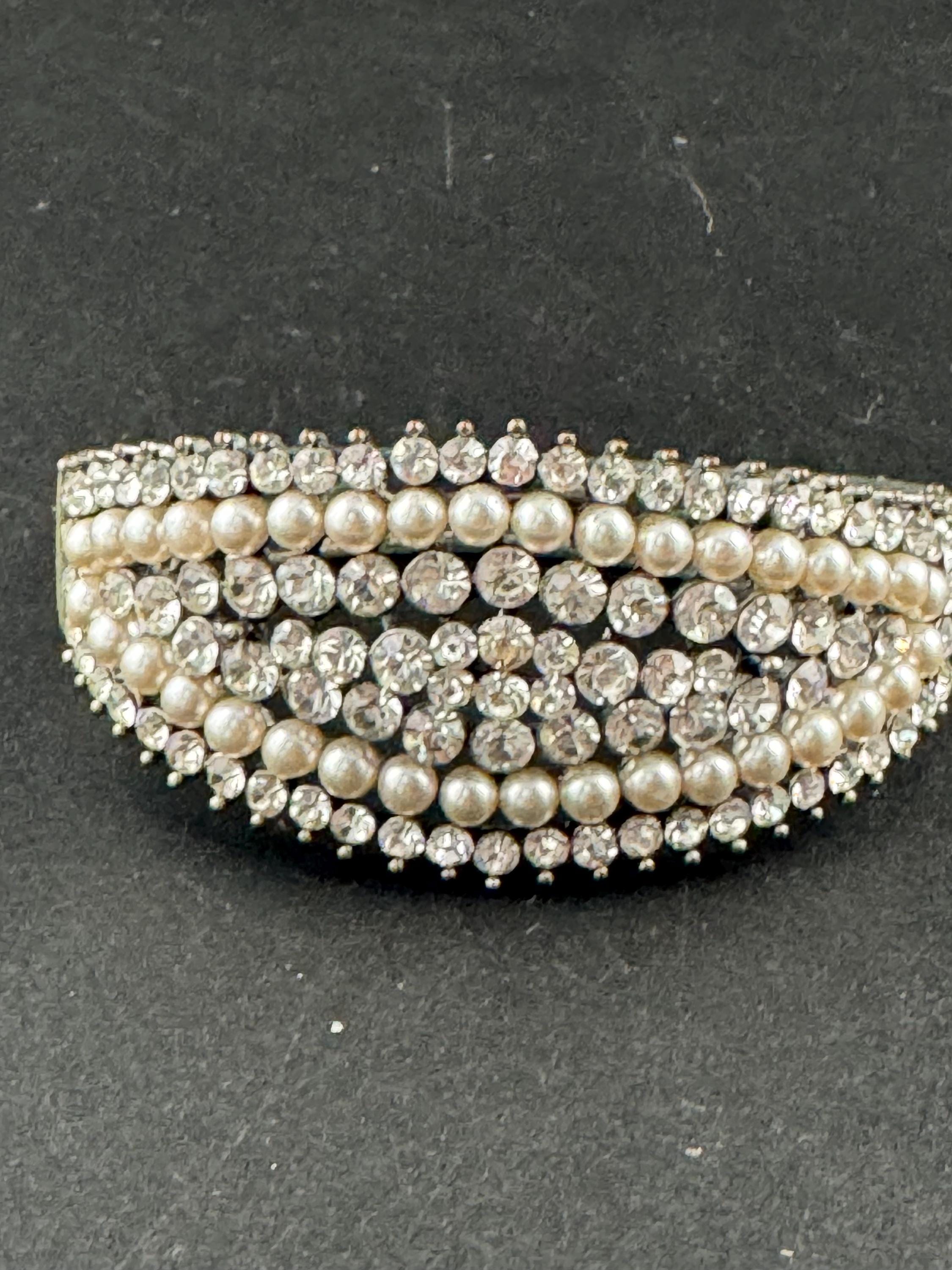 Pearl and diamanté hinged clamper bangle, Vintage wide chunky silver tone