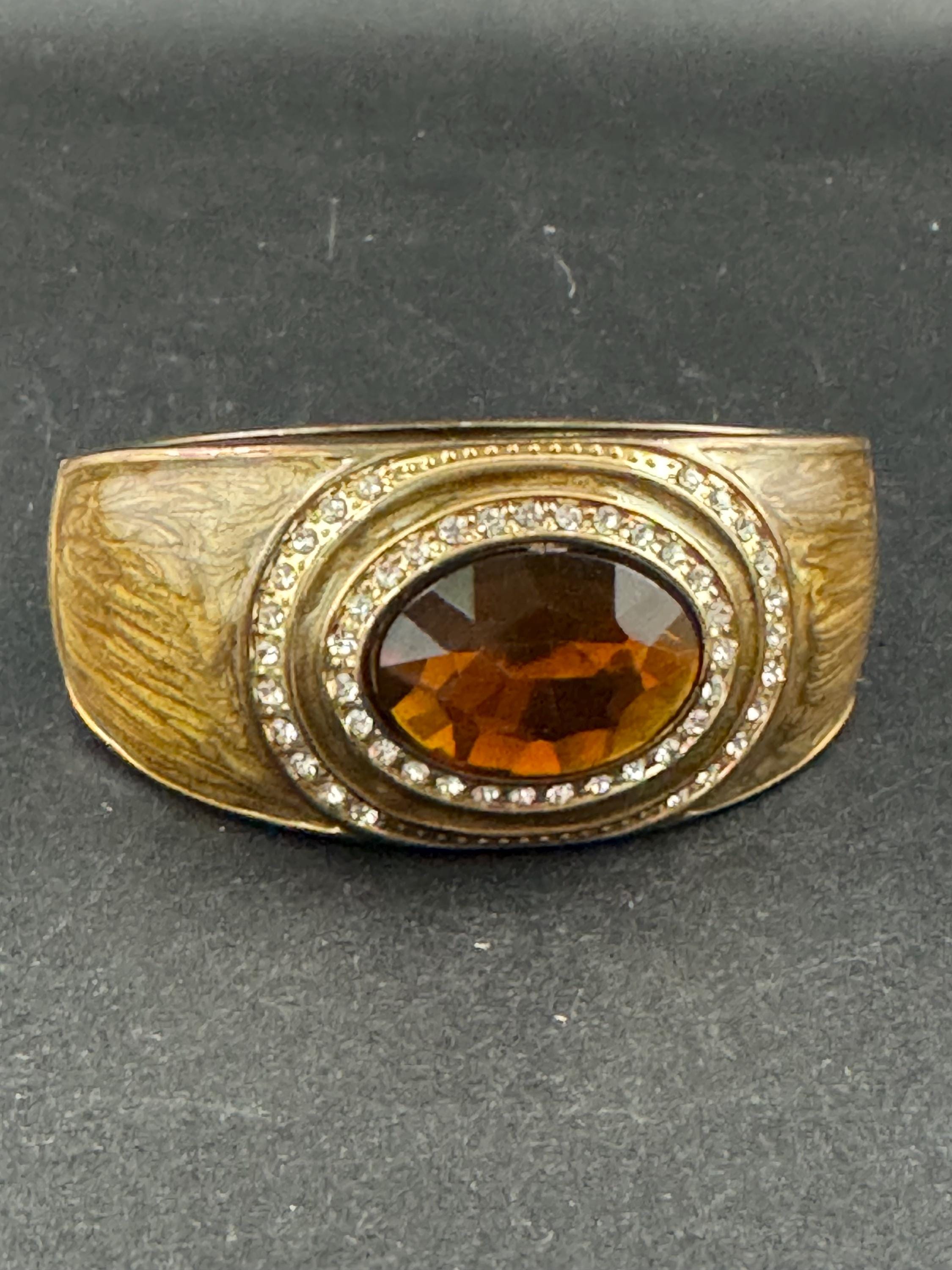 Brown enamel rhinestone Clamper Bangle, gold diamanté Bracelet.