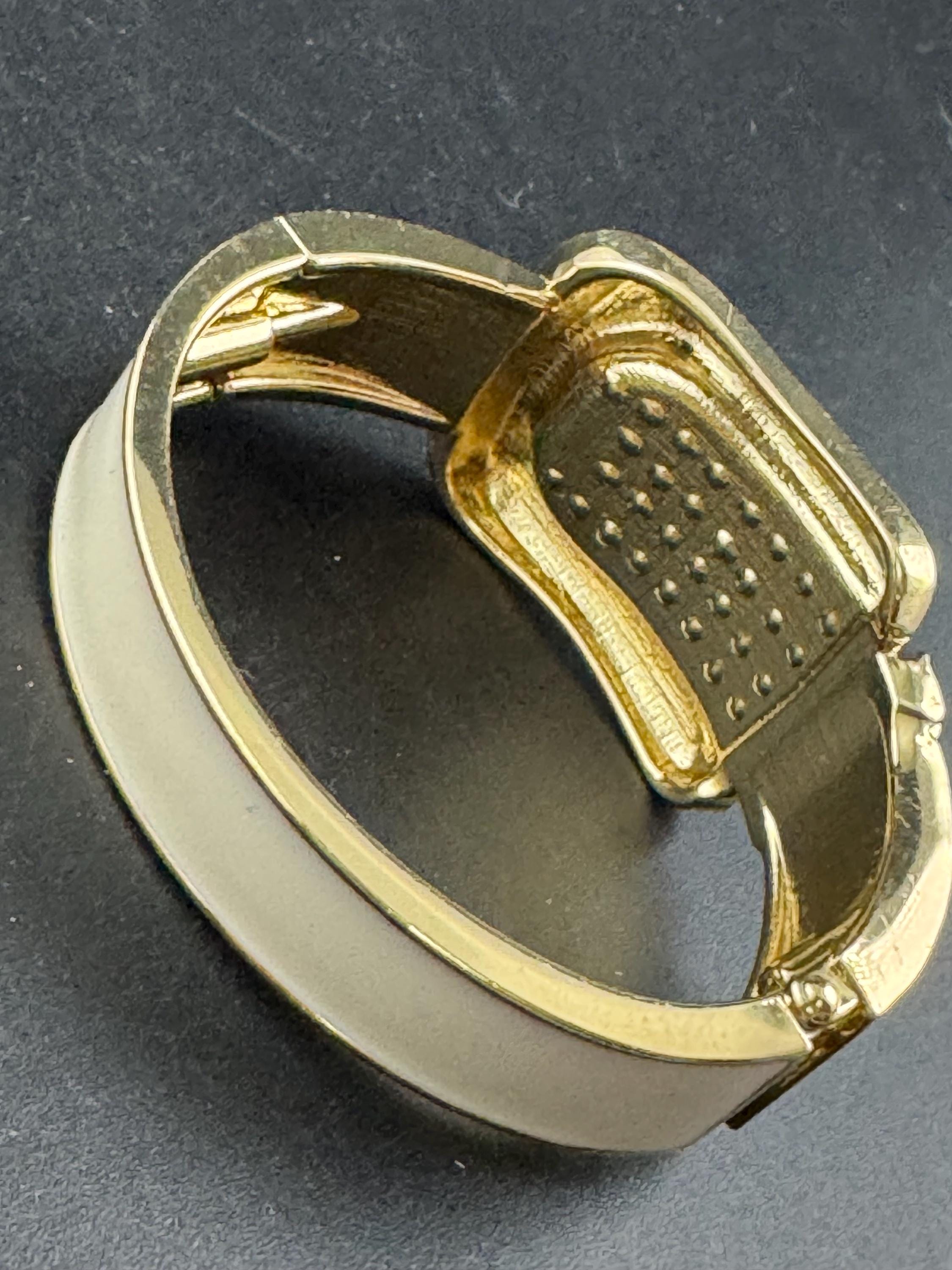 Cream belt buckle Bangle, gold tone diamanté enamelled clamper