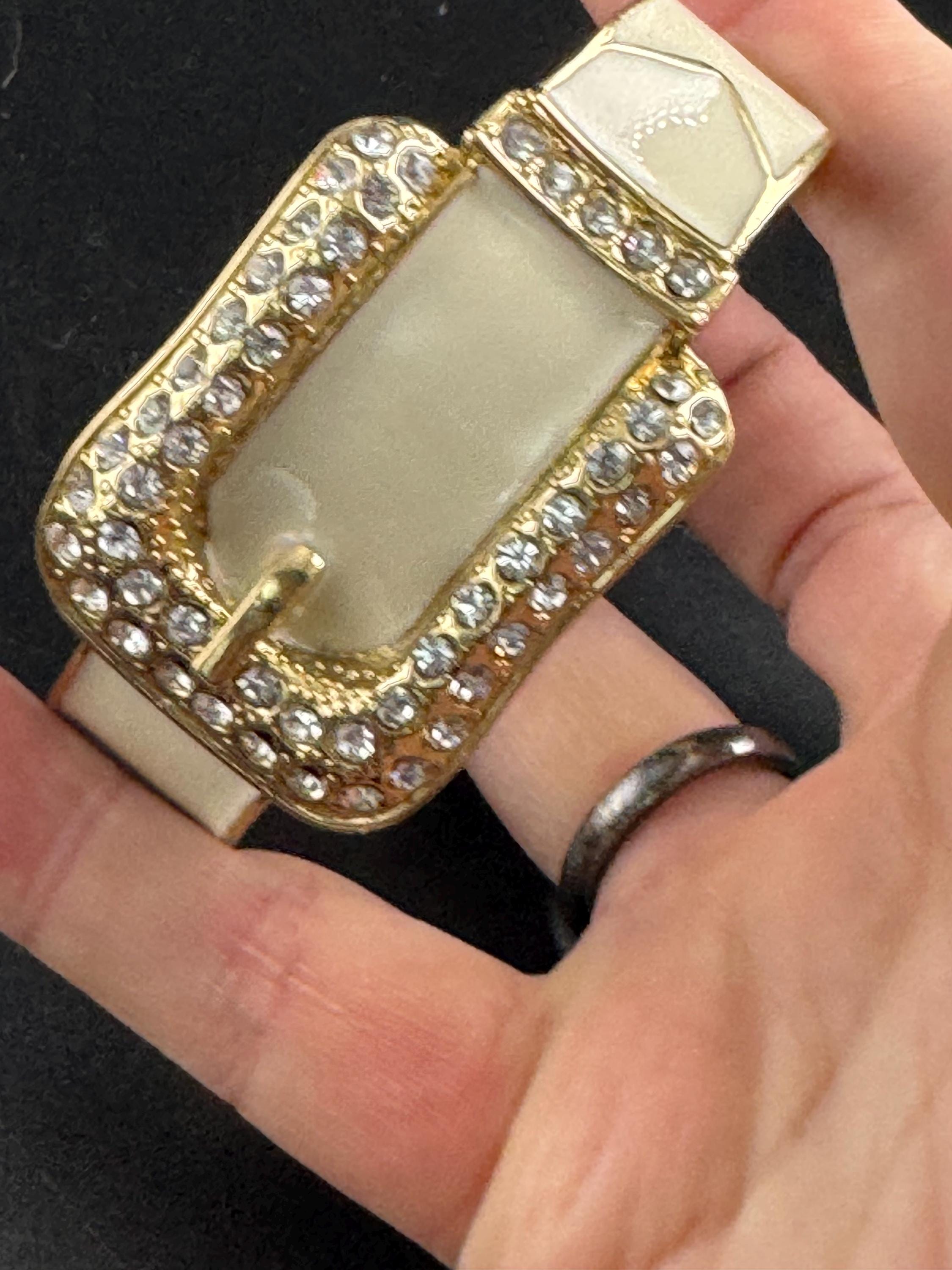 Cream belt buckle Bangle, gold tone diamanté enamelled clamper