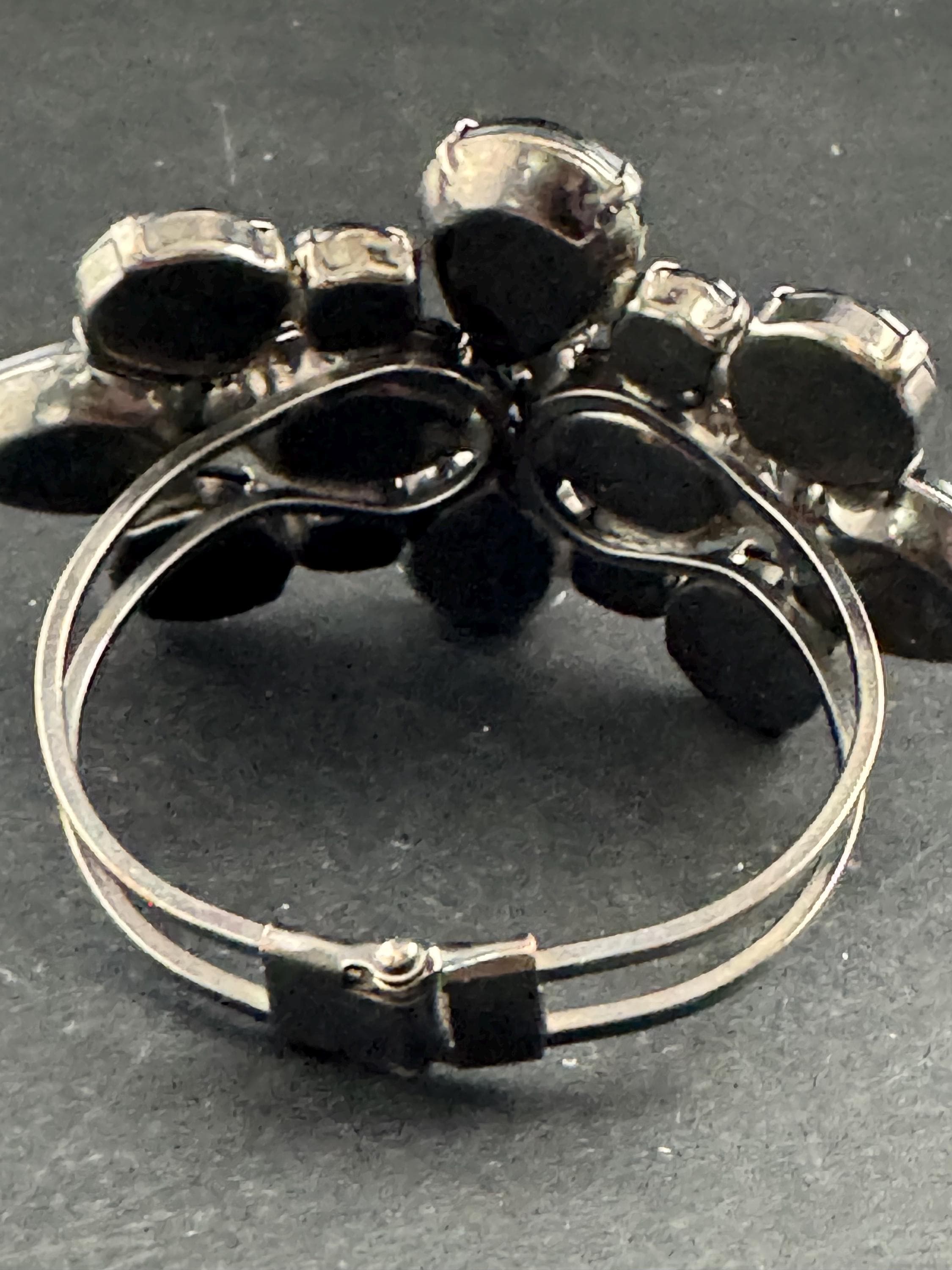 Black rhinestone clamper bangle, Vintage acrylic crystals diamanté dark silver bracelet