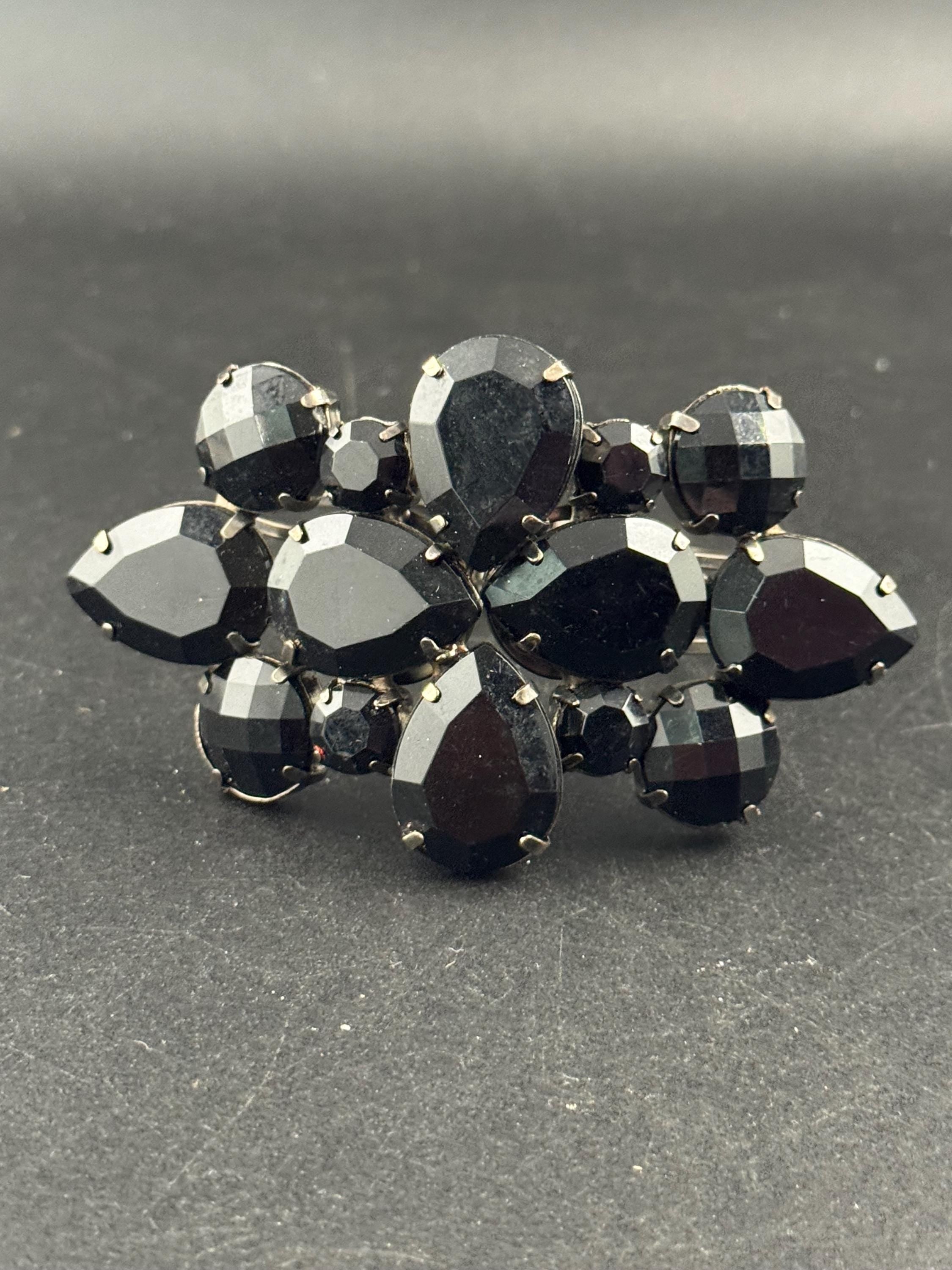 Black rhinestone clamper bangle, Vintage acrylic crystals diamanté dark silver bracelet