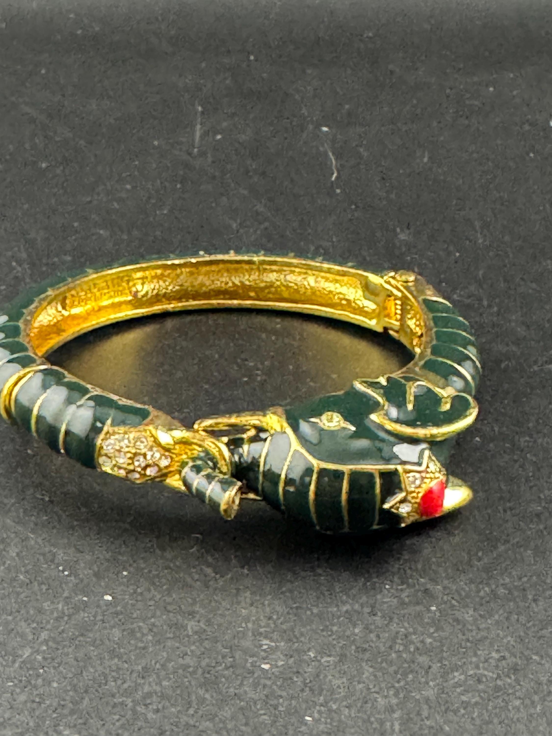 Green Enamel Elephant Bangle, gold tone clamper bracelet