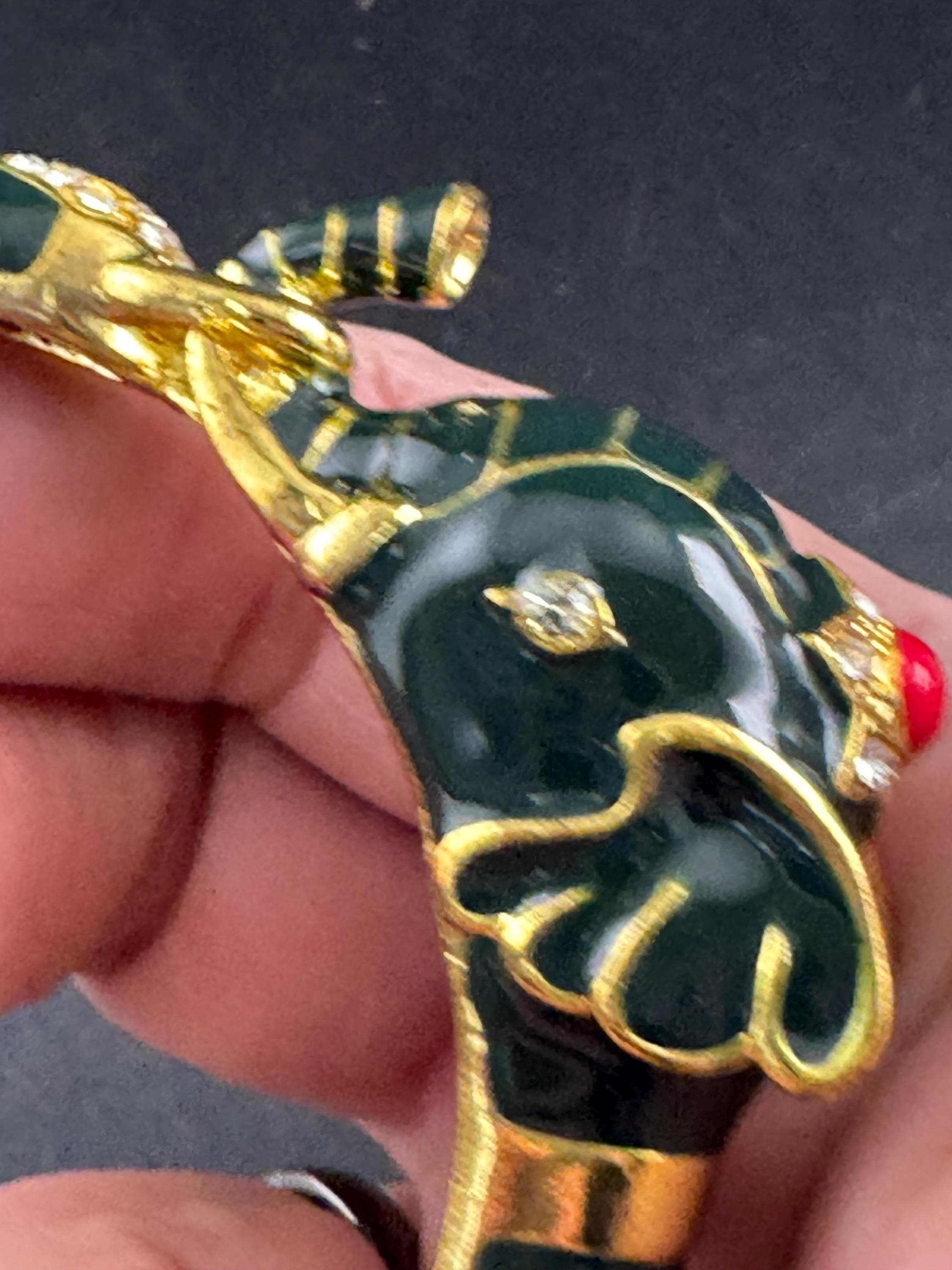 Green Enamel Elephant Bangle, gold tone clamper bracelet