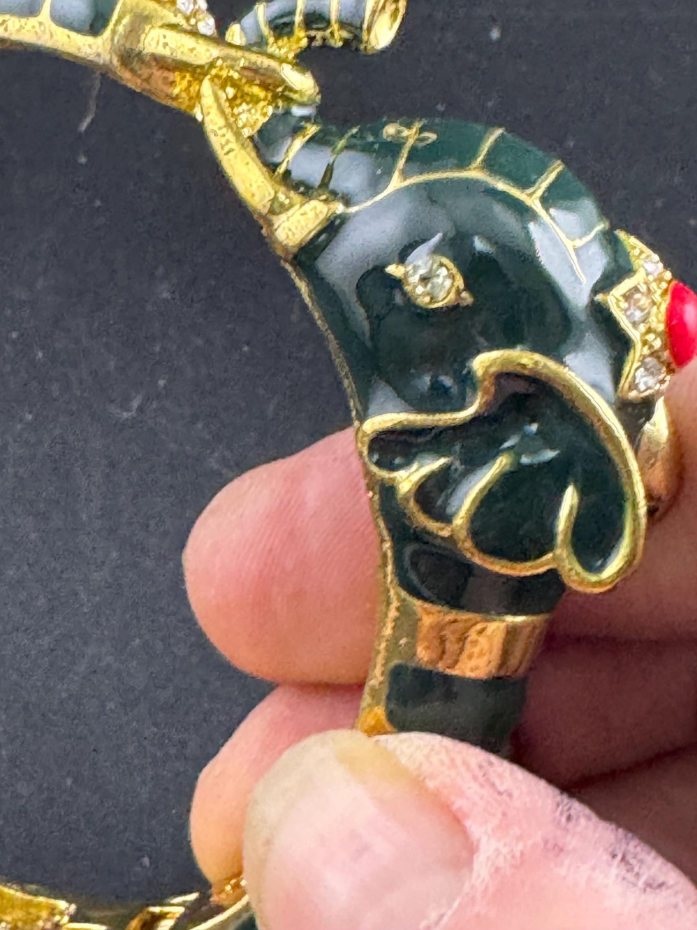 Green Enamel Elephant Bangle, gold tone clamper bracelet