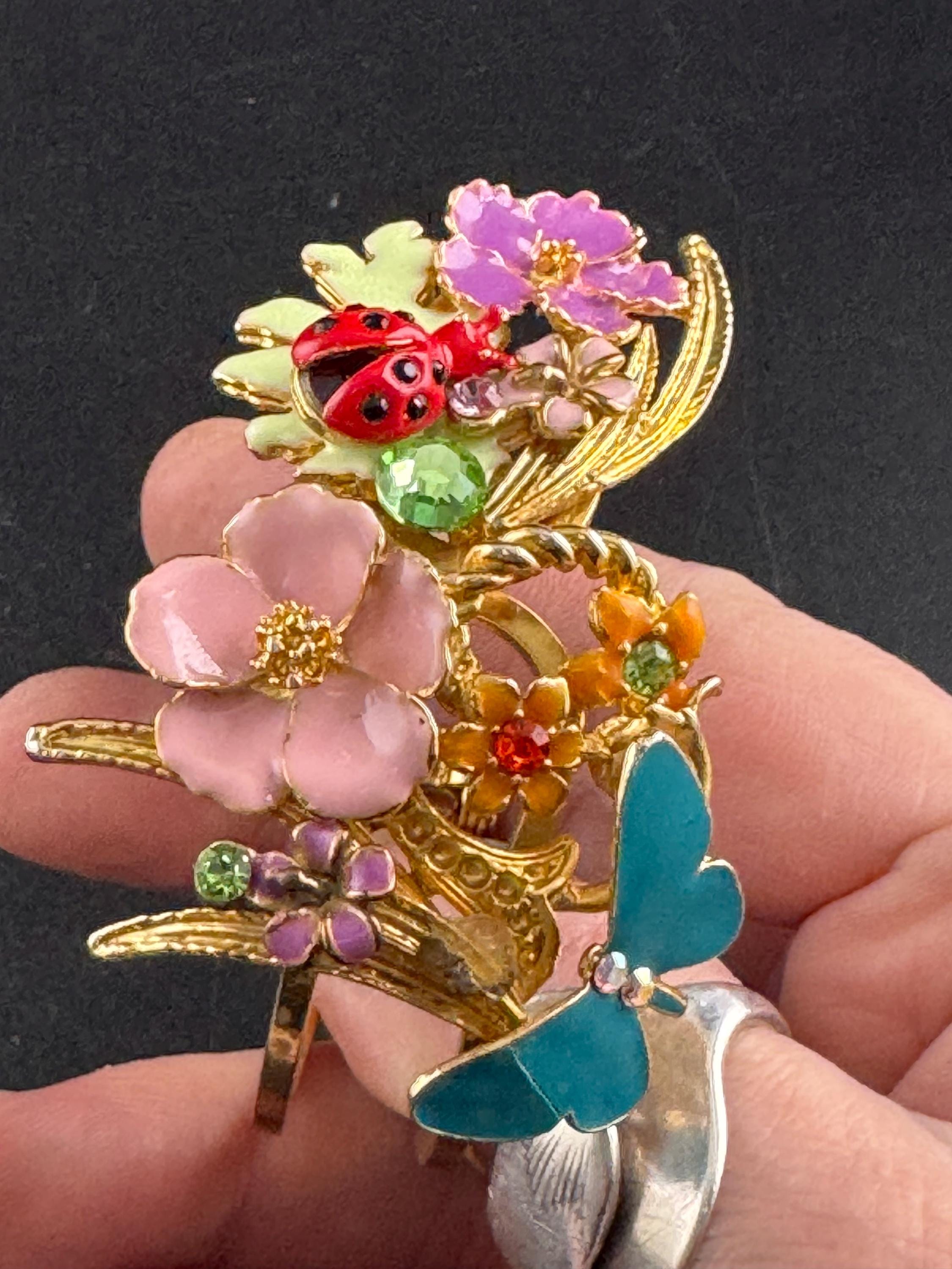Whimsical enamel Clamper Bangle, blue pink crystal ladybird butterfly bracelet