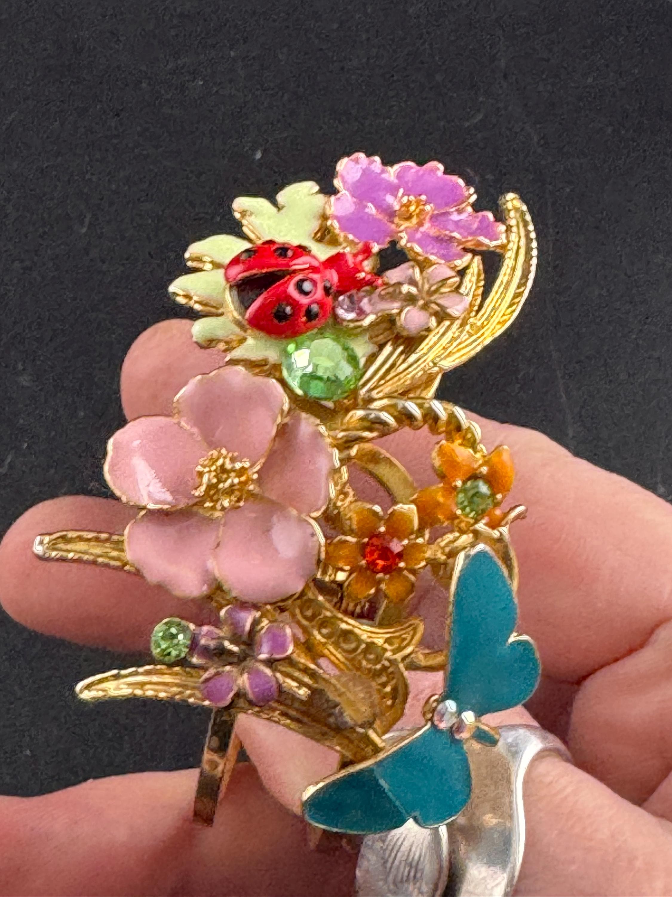 Whimsical enamel Clamper Bangle, blue pink crystal ladybird butterfly bracelet