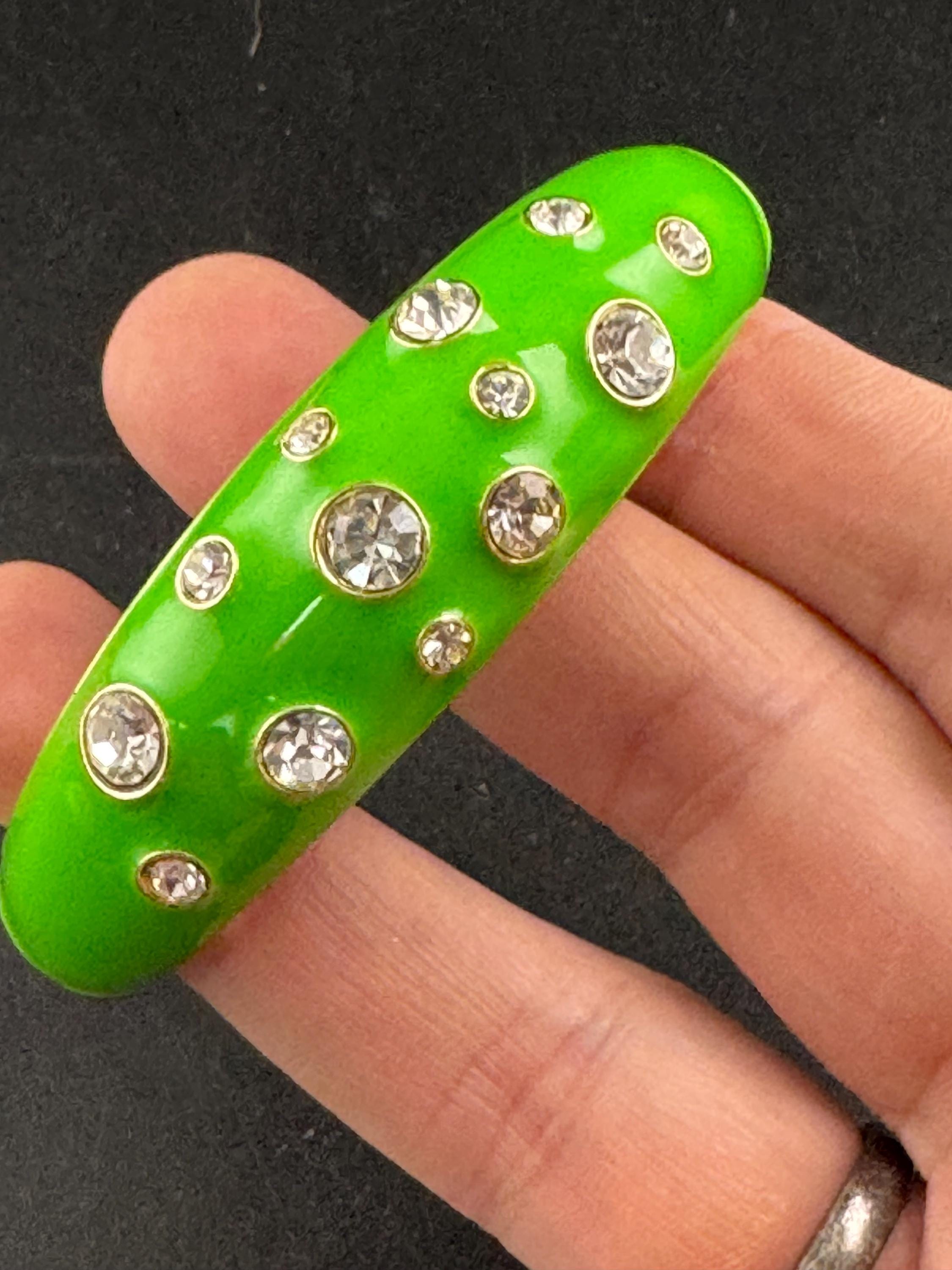 Bright green enamel Clamper Bangle, gold rhinestone Bracelet.