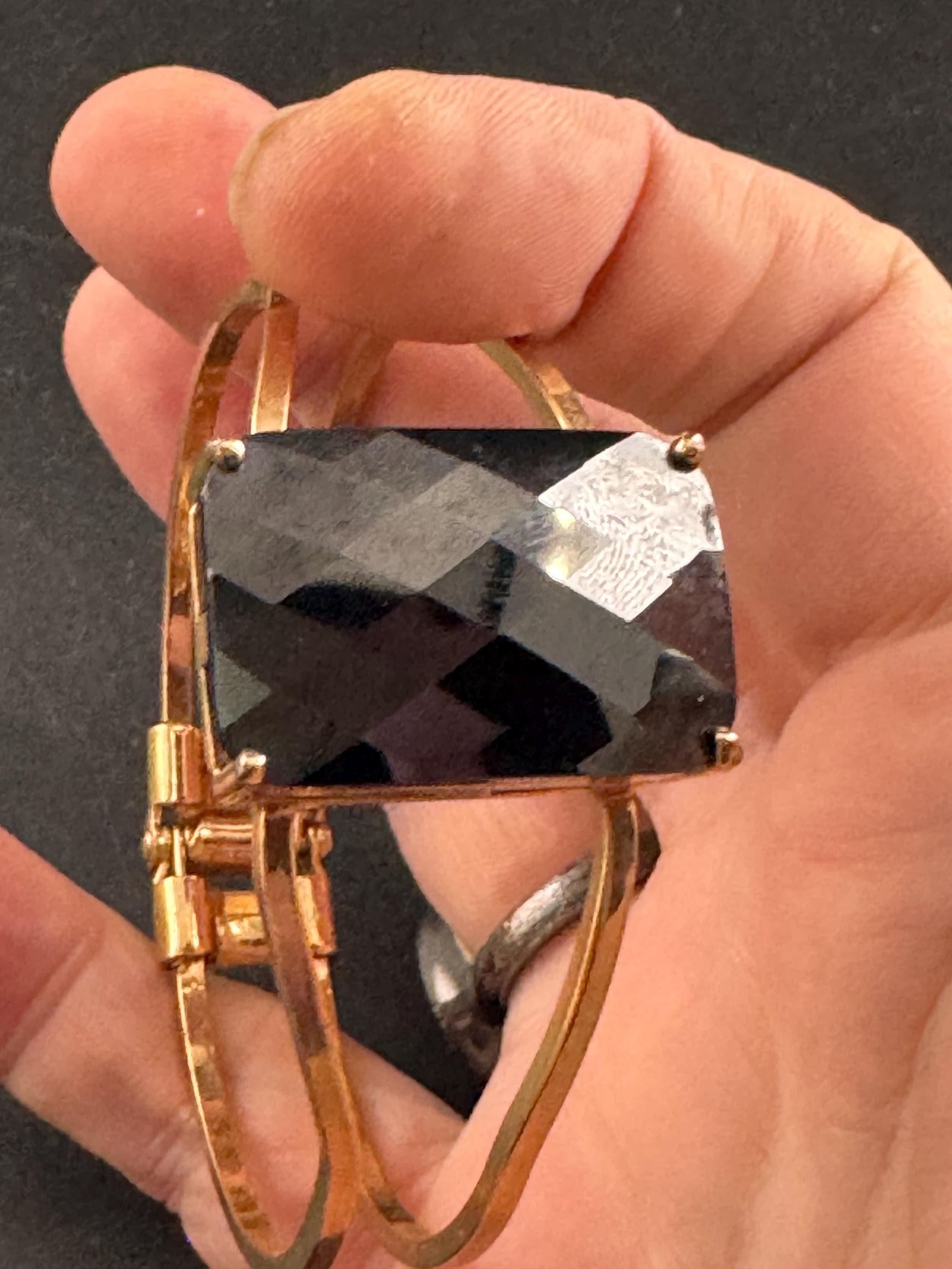 Black glass diamanté clamper bangle, gold tone geometric