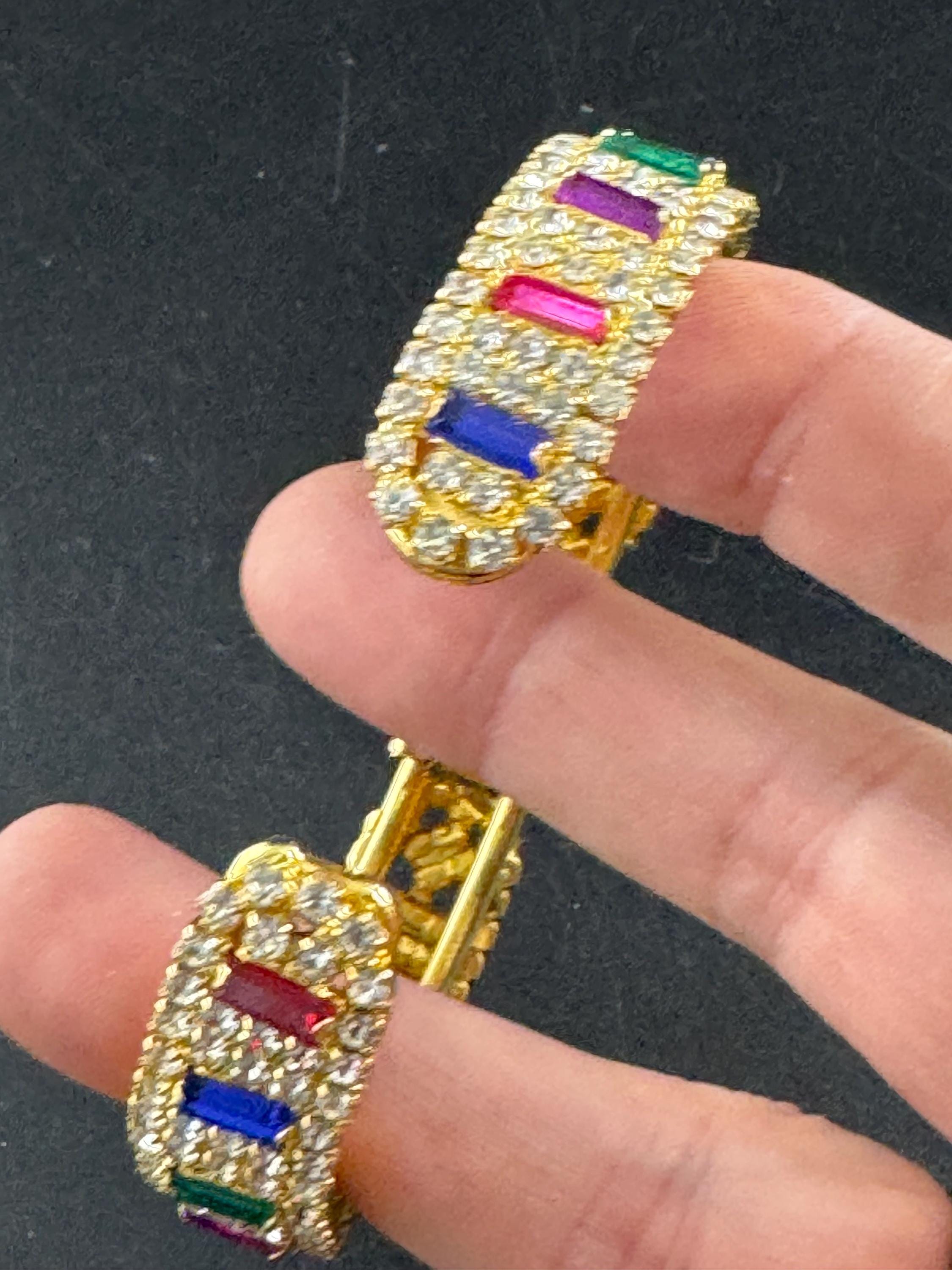 Rainbow diamanté crystal hinged clamper bangle, rhinestone bracelet red blue green