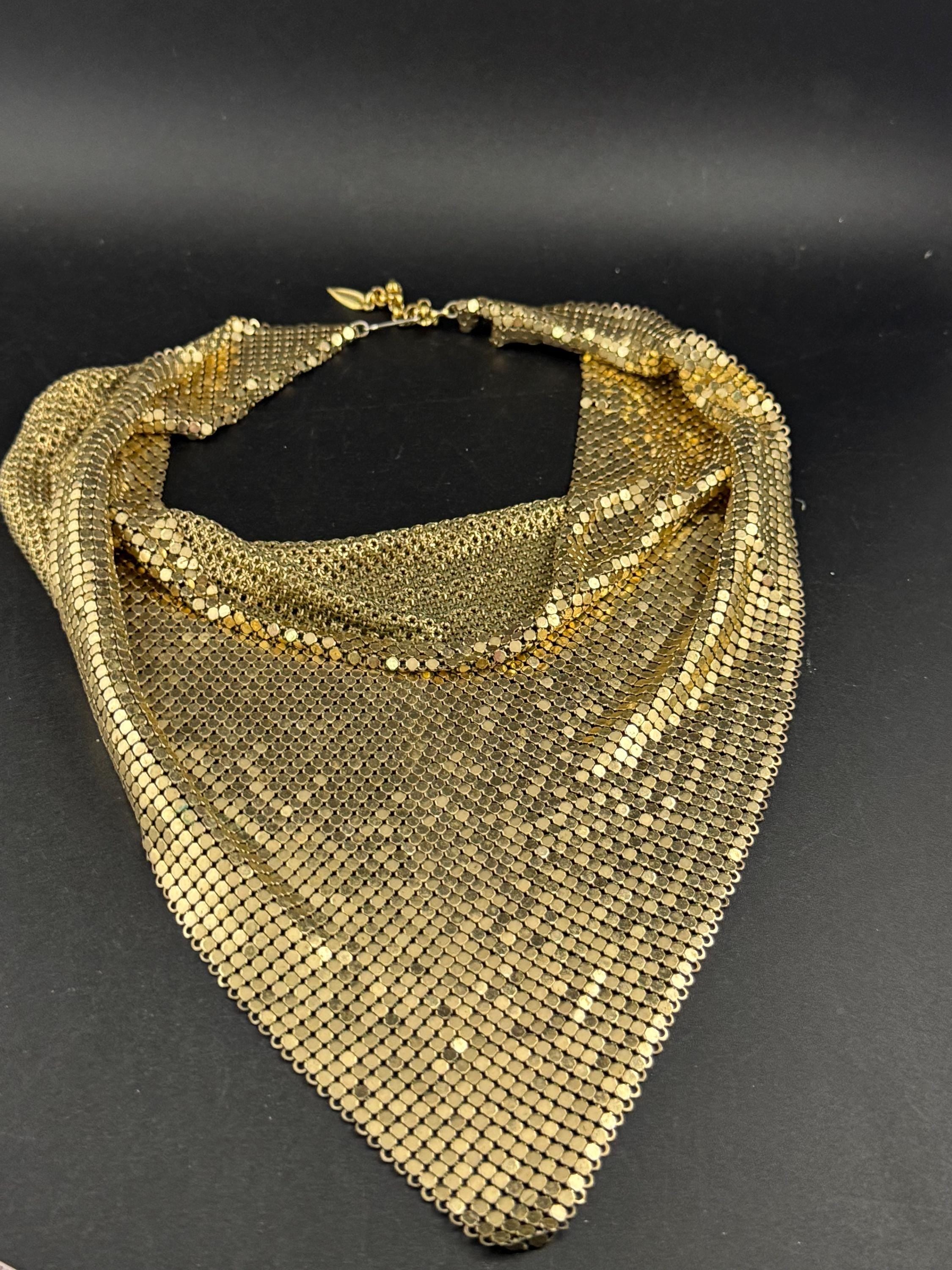 Vintage whiting and Davis gold mesh choker,  signed bib chainmail necklace