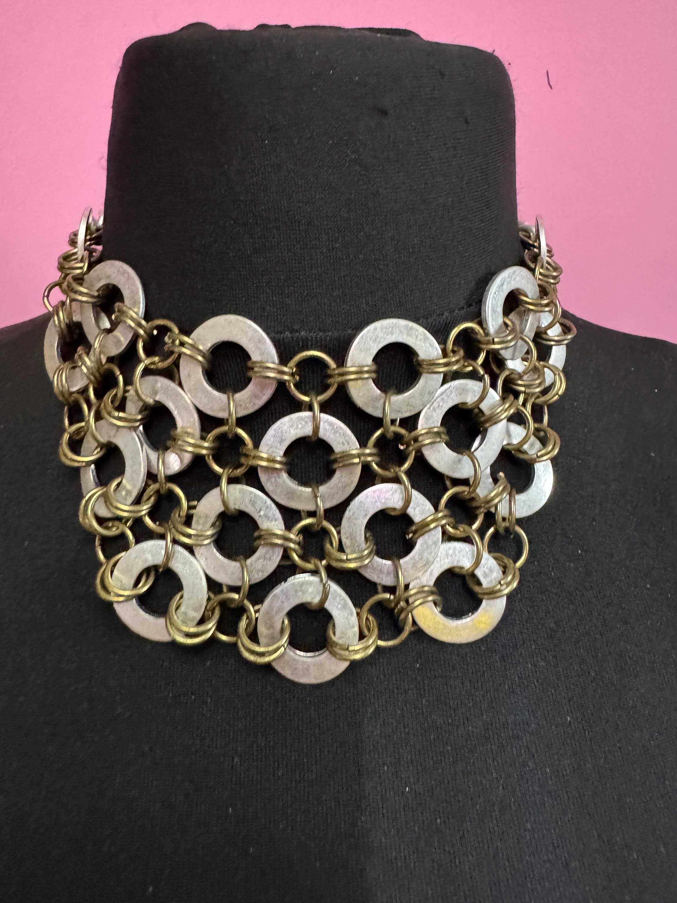 Vintage SAKS chainmail chain link choker, silver and gold necklace