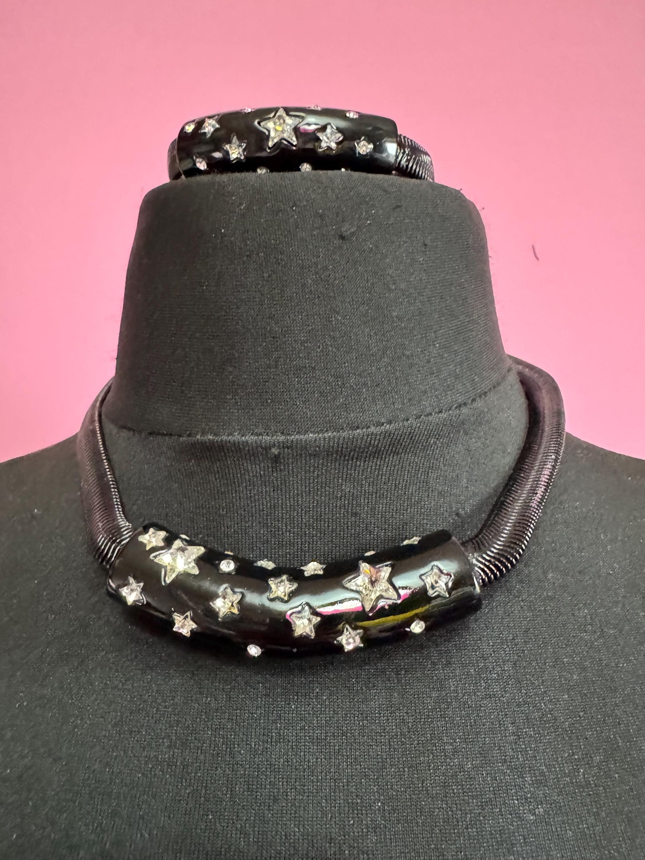 B&W black omega stars Diamanté choker necklace and bracelet set, Signed butler and Wilson