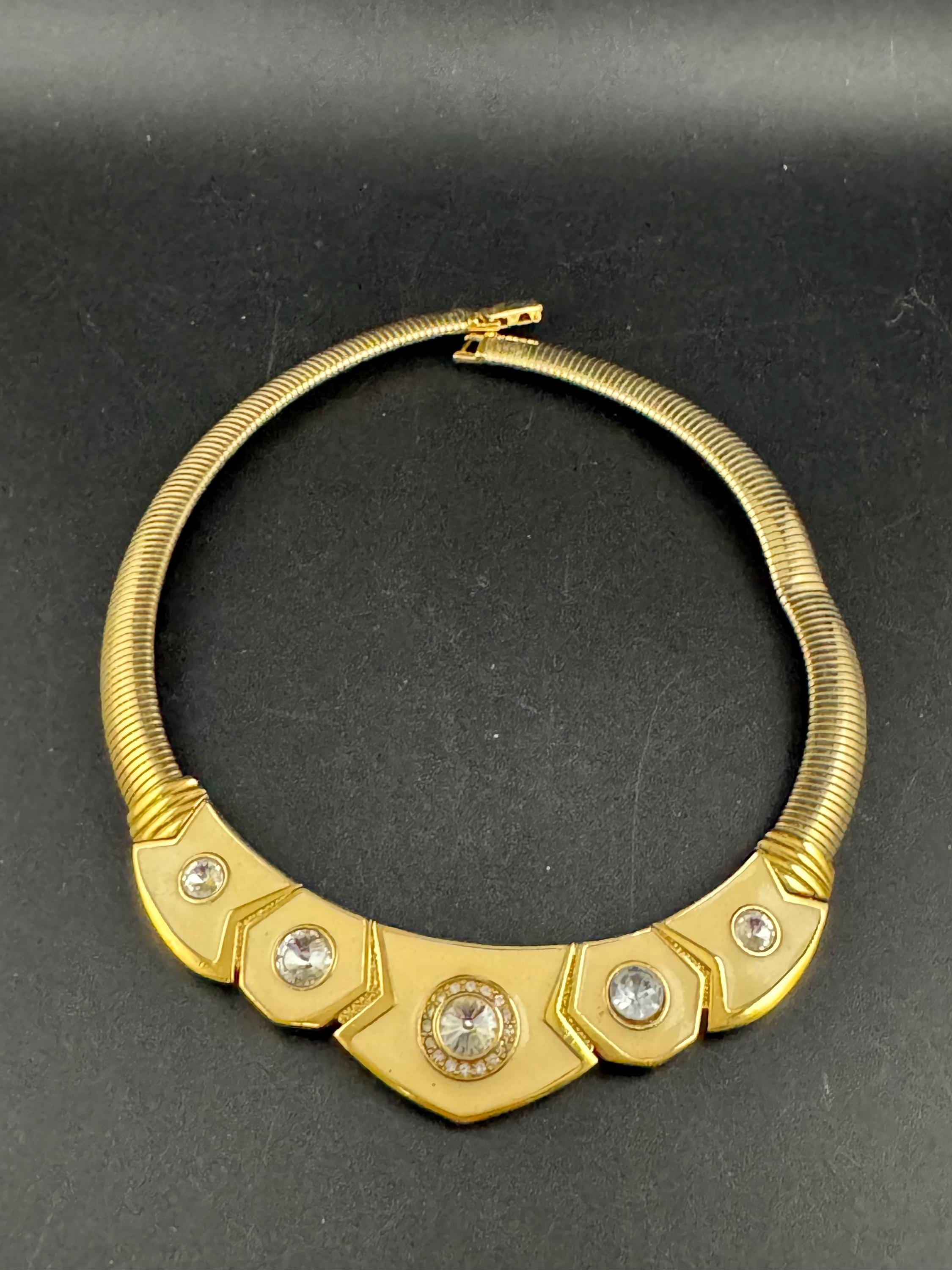 Vintage Bergdorf Goodman Choker: Cream Enamel Diamanté Gold Tone Necklace