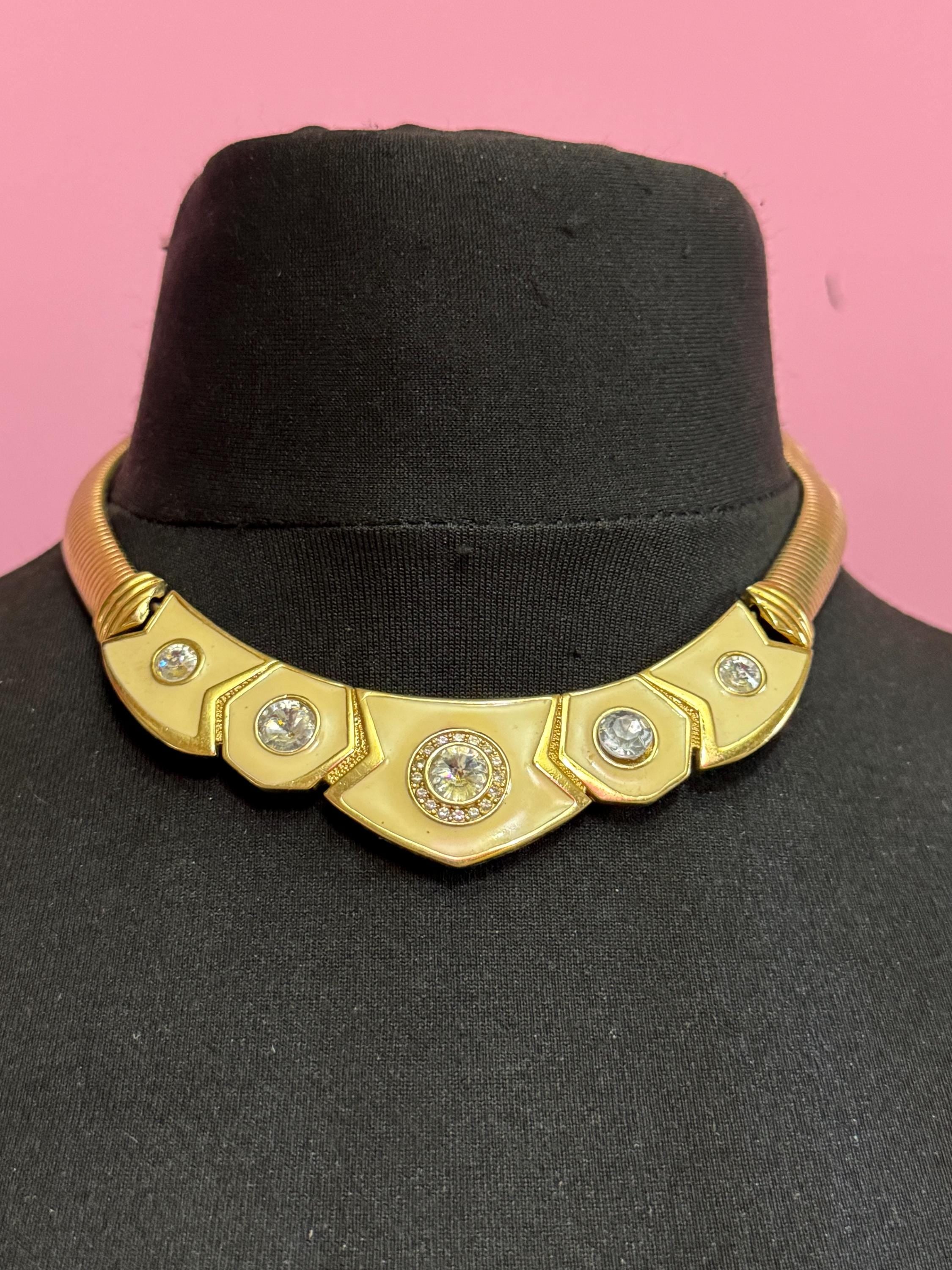 Vintage Bergdorf Goodman Choker: Cream Enamel Diamanté Gold Tone Necklace