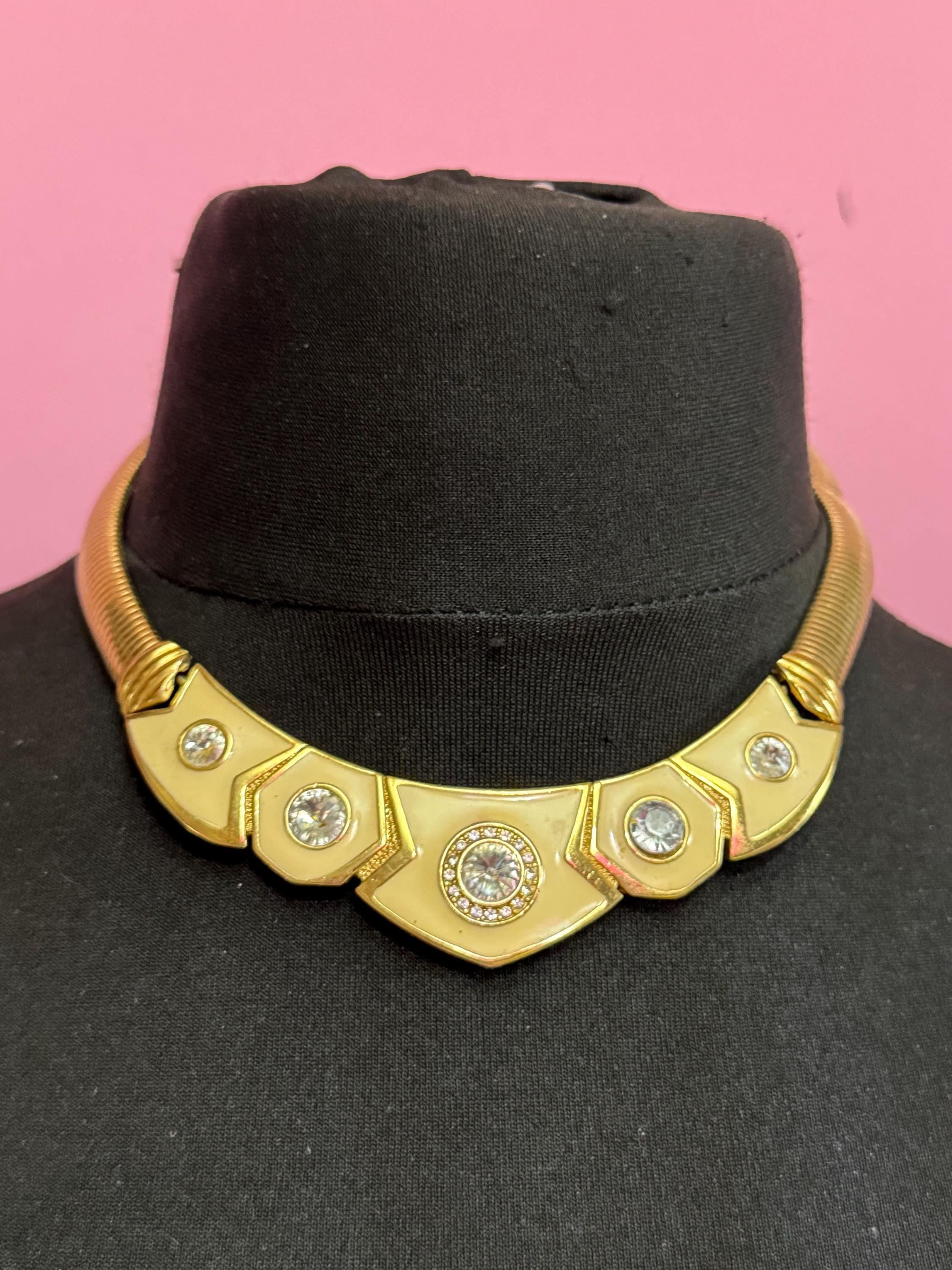 Vintage Bergdorf Goodman Choker: Cream Enamel Diamanté Gold Tone Necklace