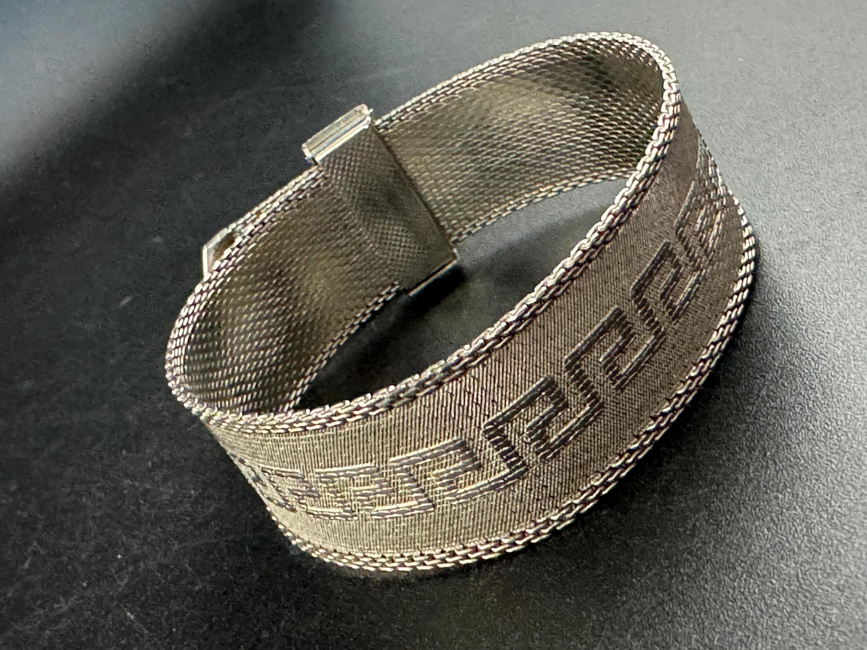 1970s GREEK KEY mesh tassel bracelet , silver plated vintage