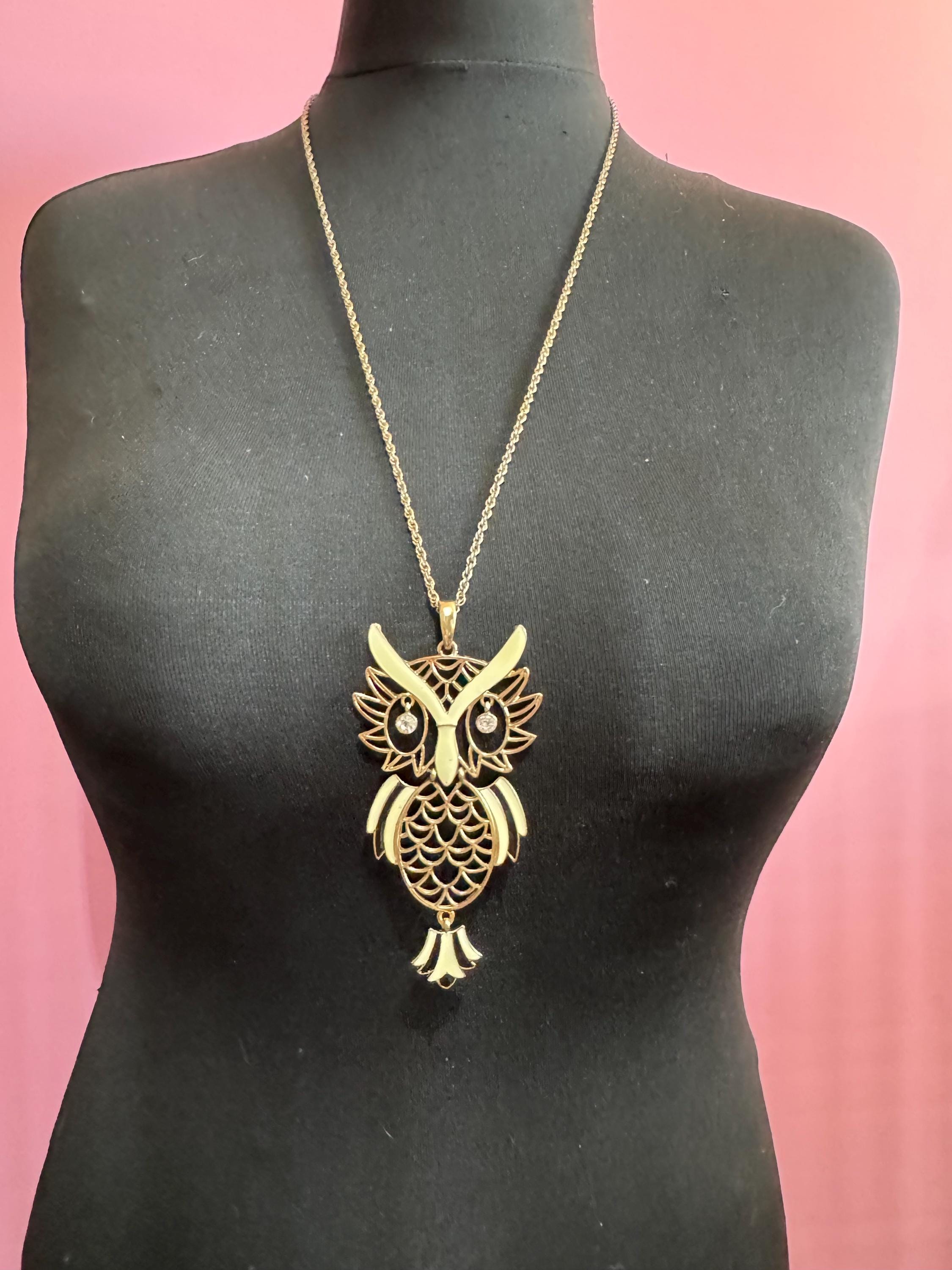 Miss Madam Enamel Owl Pendant Necklace: 80s Gold Plated signed