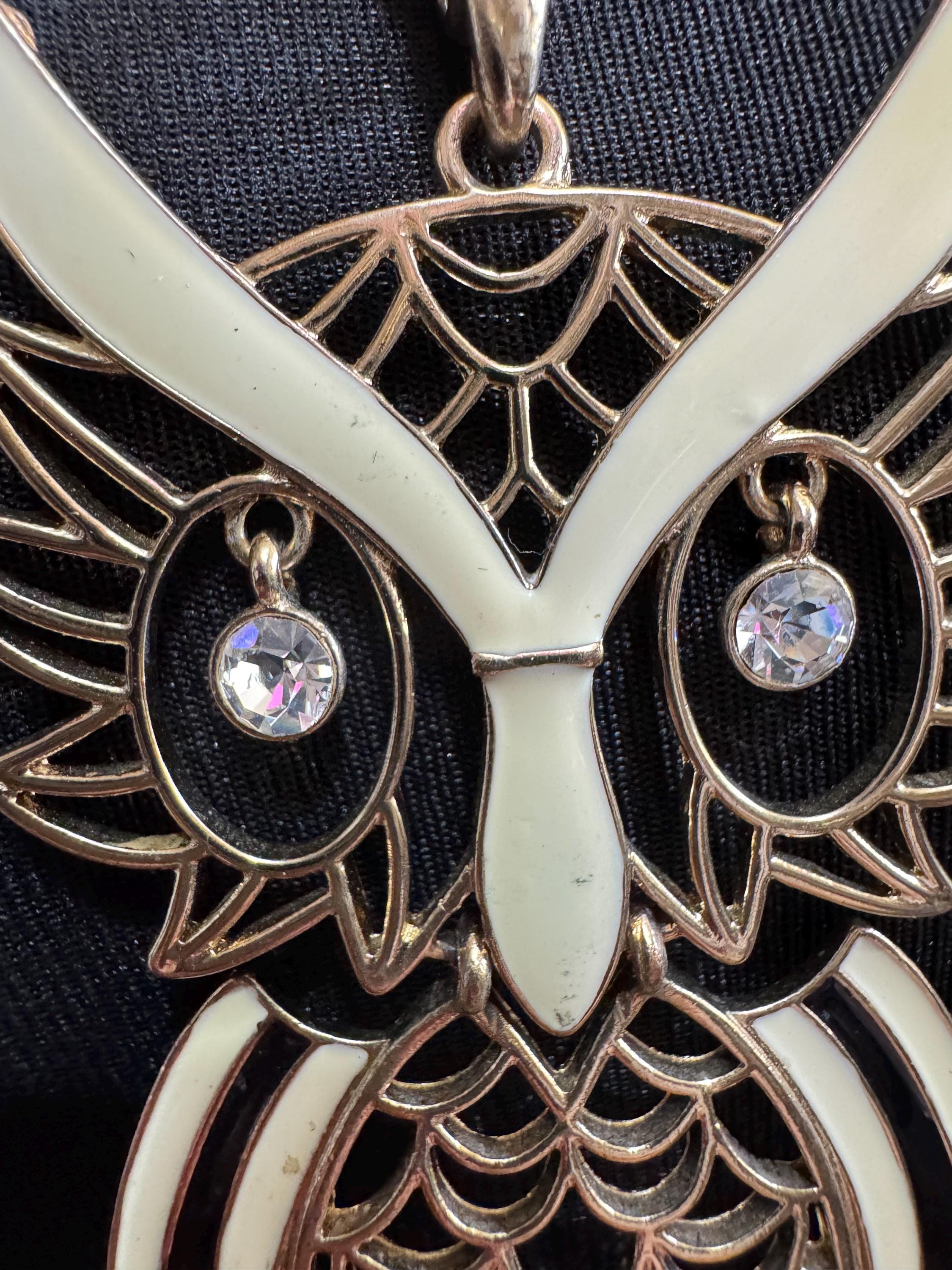 Miss Madam Enamel Owl Pendant Necklace: 80s Gold Plated signed