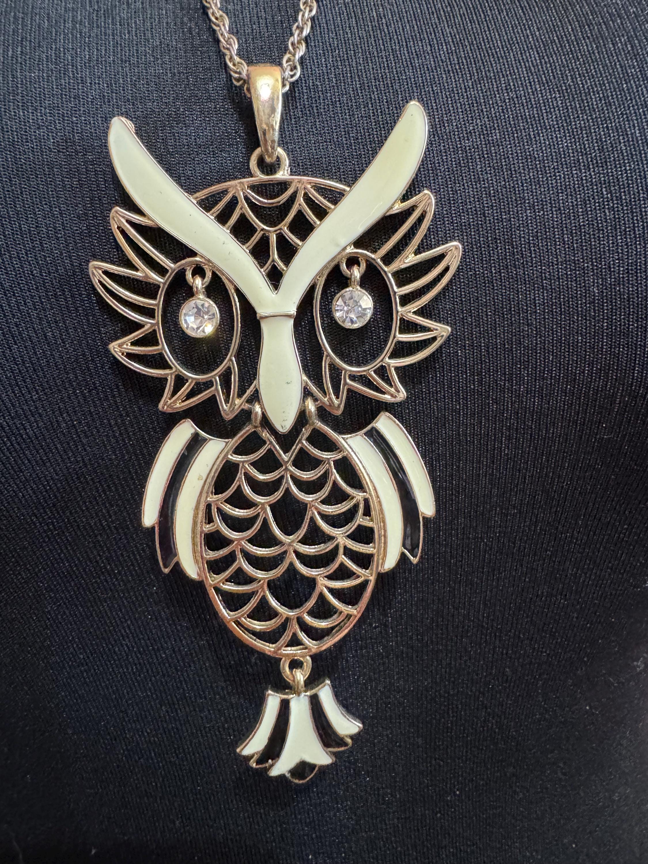 Miss Madam Enamel Owl Pendant Necklace: 80s Gold Plated signed