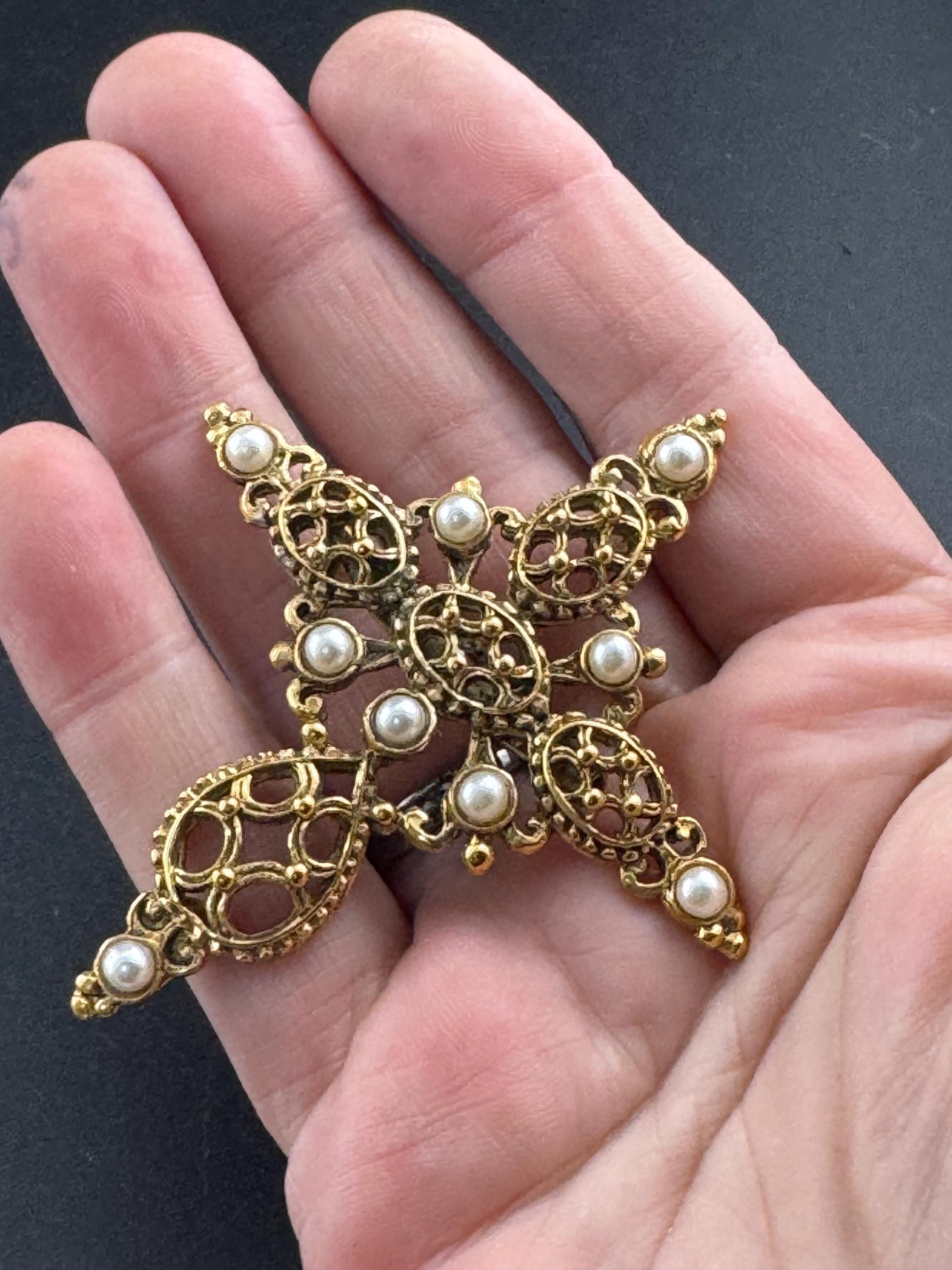 Rene Gouin French cross pendant and brooch, signed and set with faux pearls