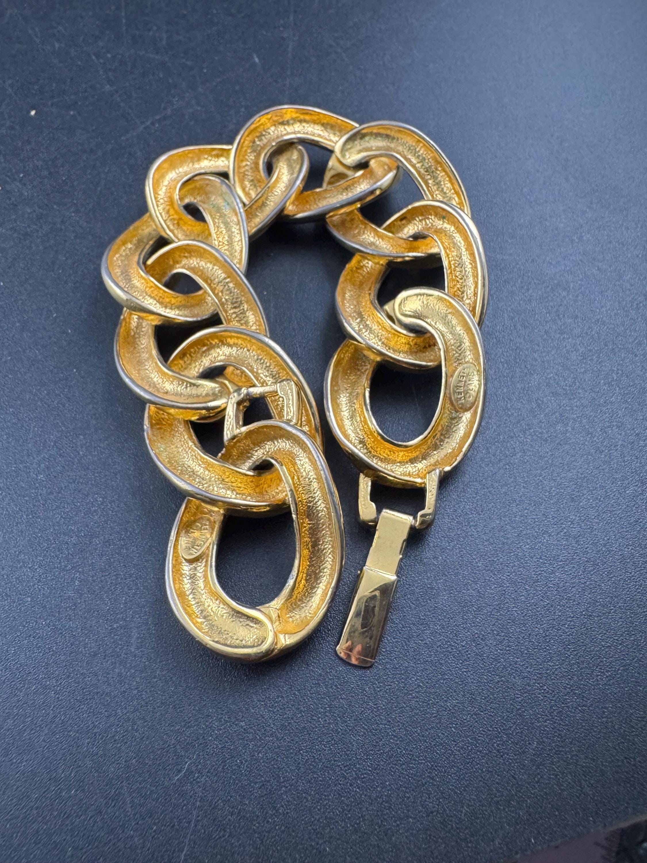 KJL chunky curb chain bracelet, wide gold tone and signed, Kenneth Jay Kane