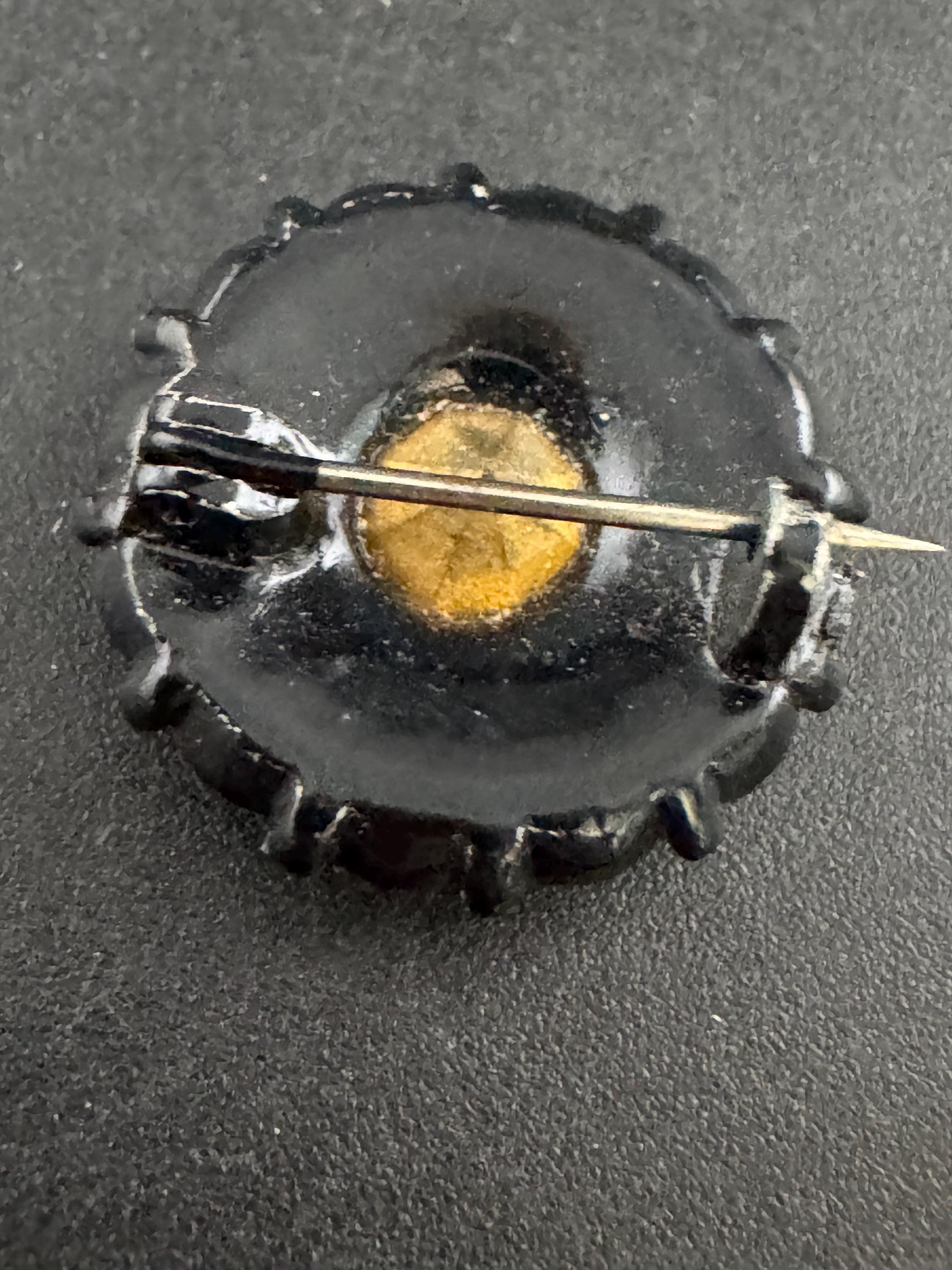 Vintage small clear Diamanté round button Brooch, Japanned metal c clasp