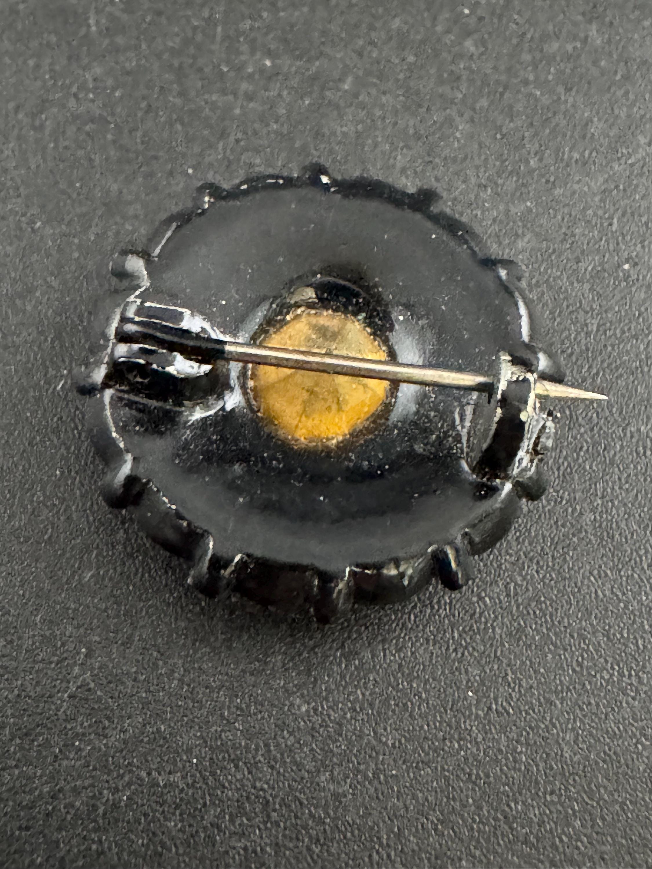 Vintage small clear Diamanté round button Brooch, Japanned metal c clasp