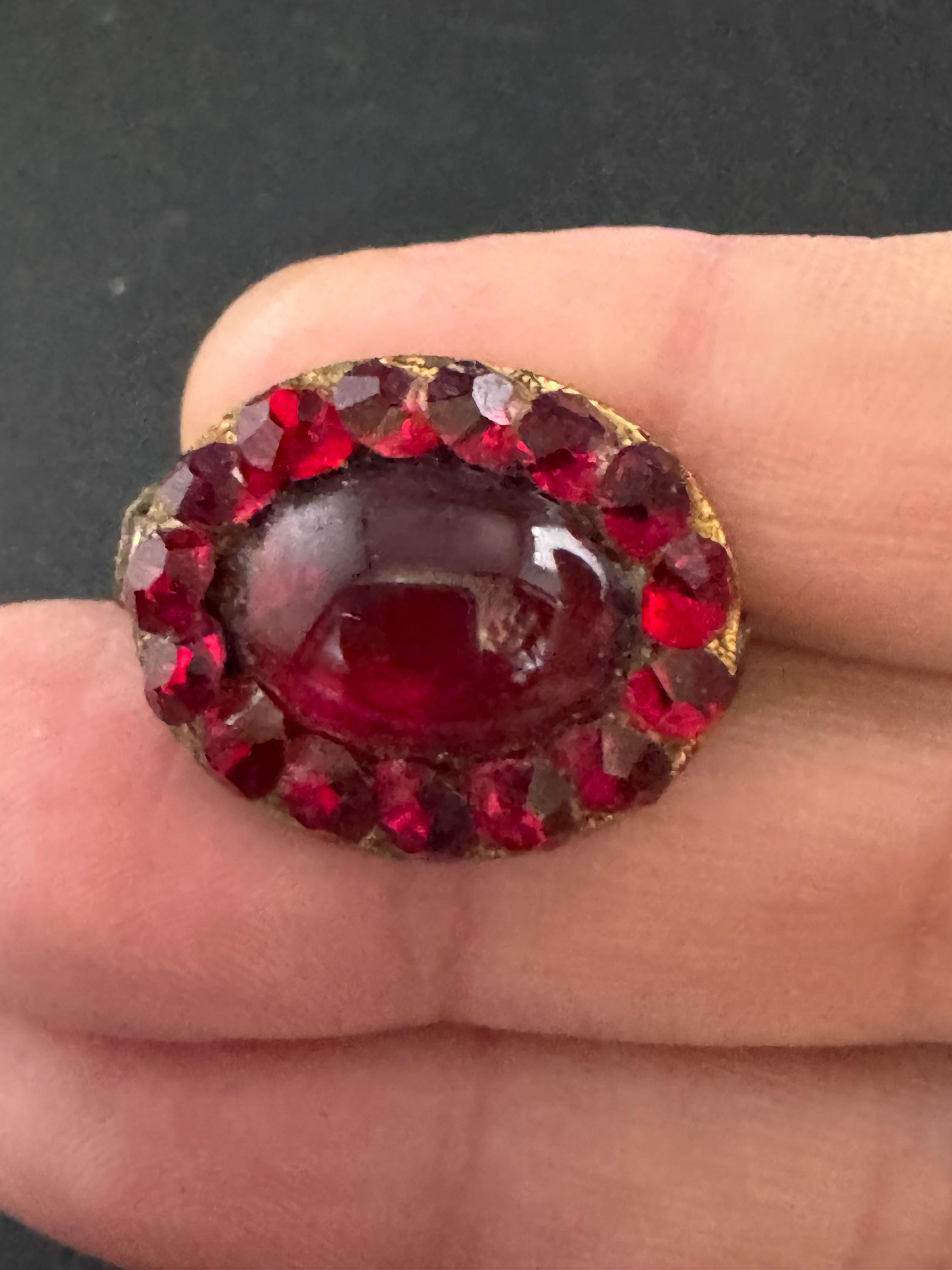 Antique Ruby red paste cabochon small oval Brooch