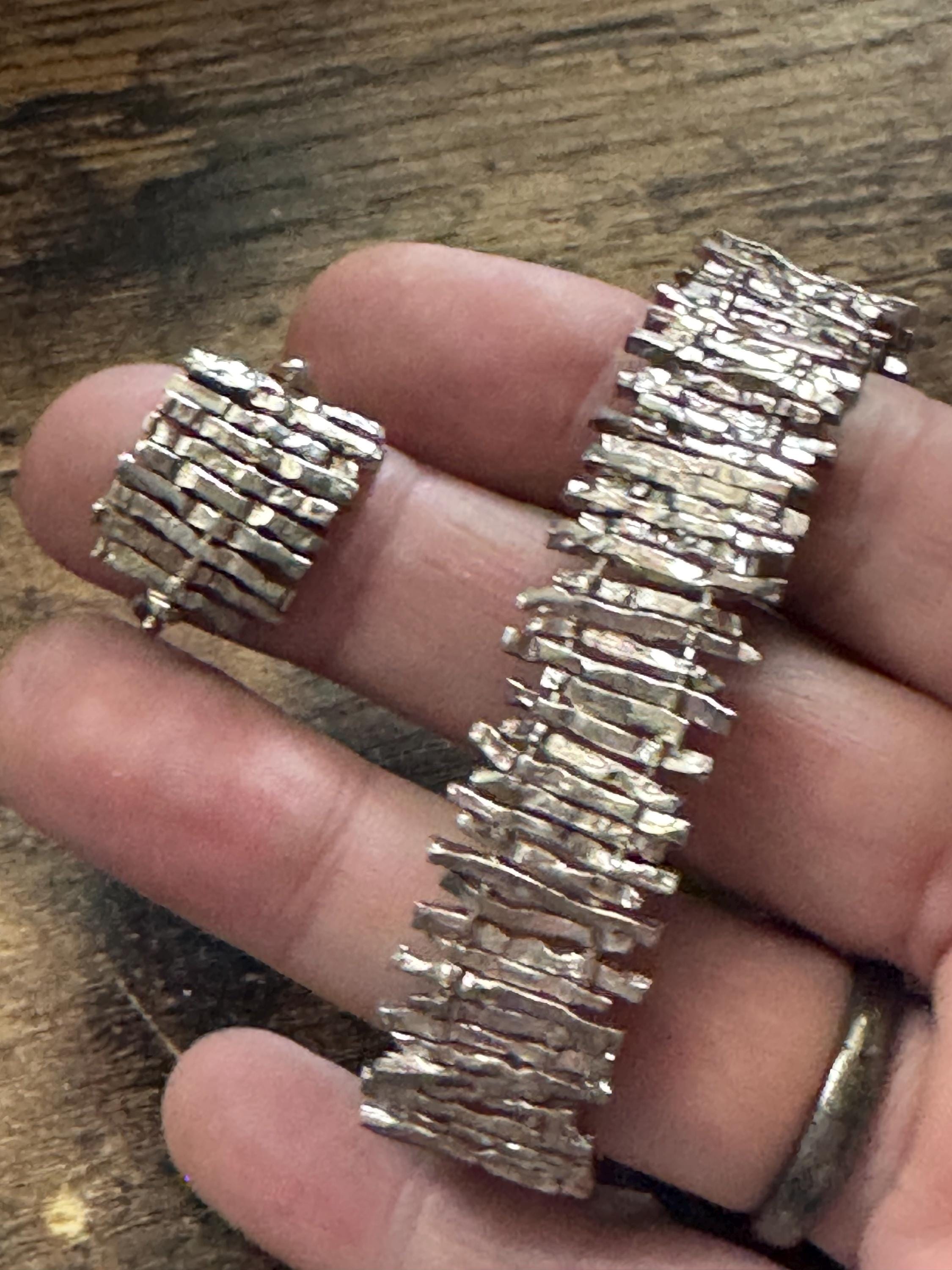 925 brutalist Bracelet ring jewellery Set, artisan modernist design size O sterling silver