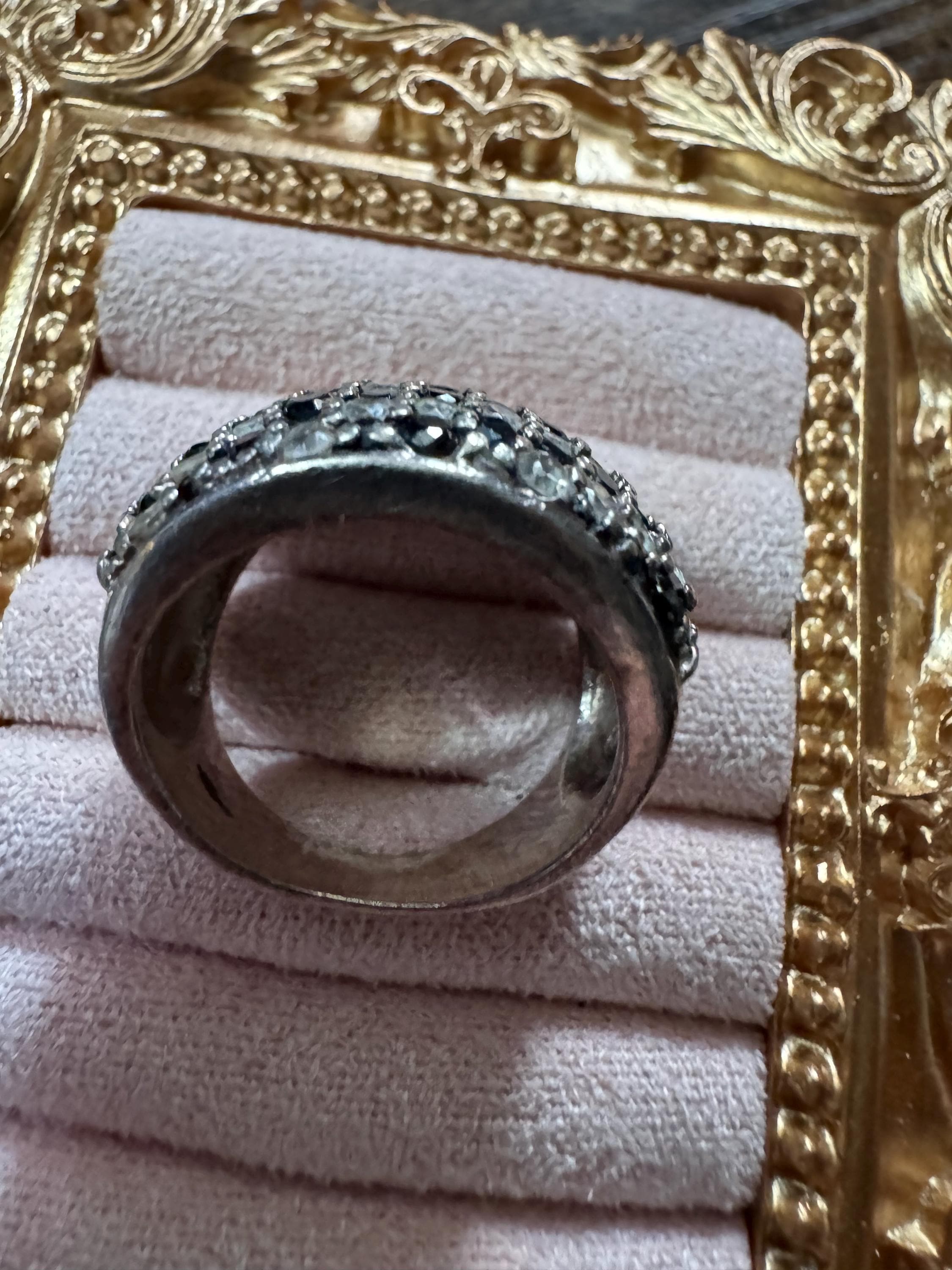 Size O 925 black clear cluster ring, sterling silver rhinestones cocktail dress ring , monochrome