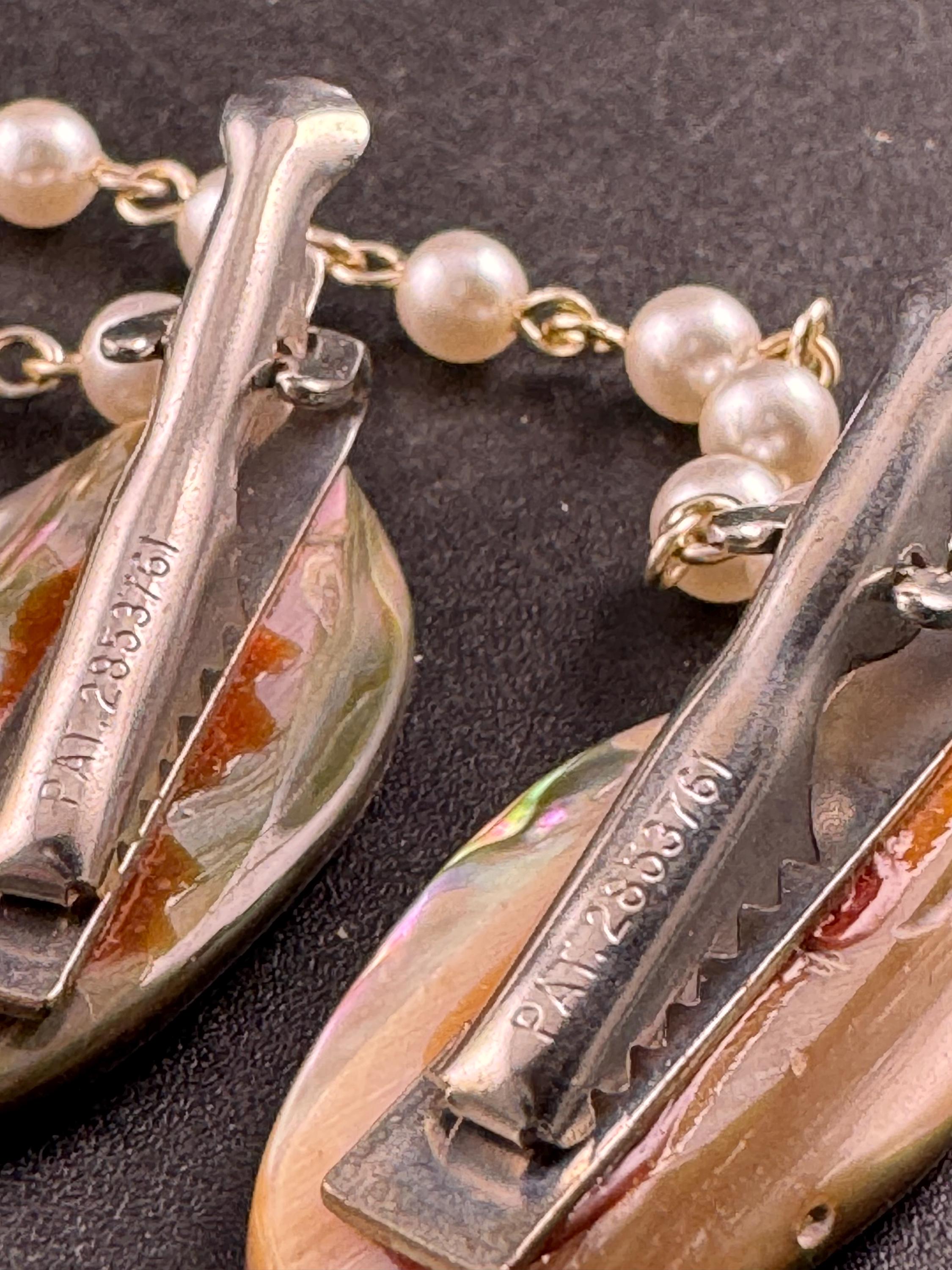 vintage abalone shell sweater guards, pearl and chain cloak clips gold tone