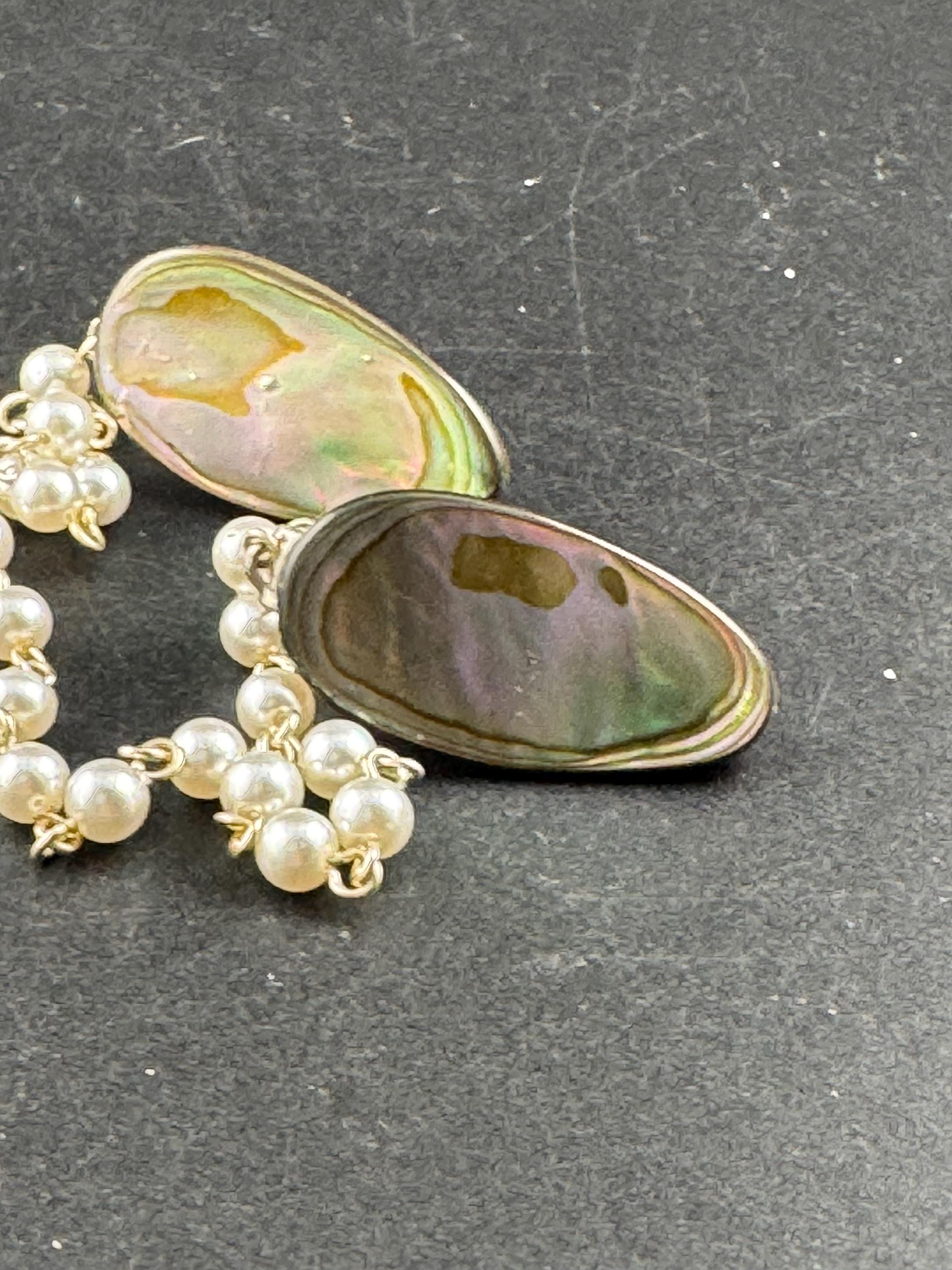 vintage abalone shell sweater guards, pearl and chain cloak clips gold tone