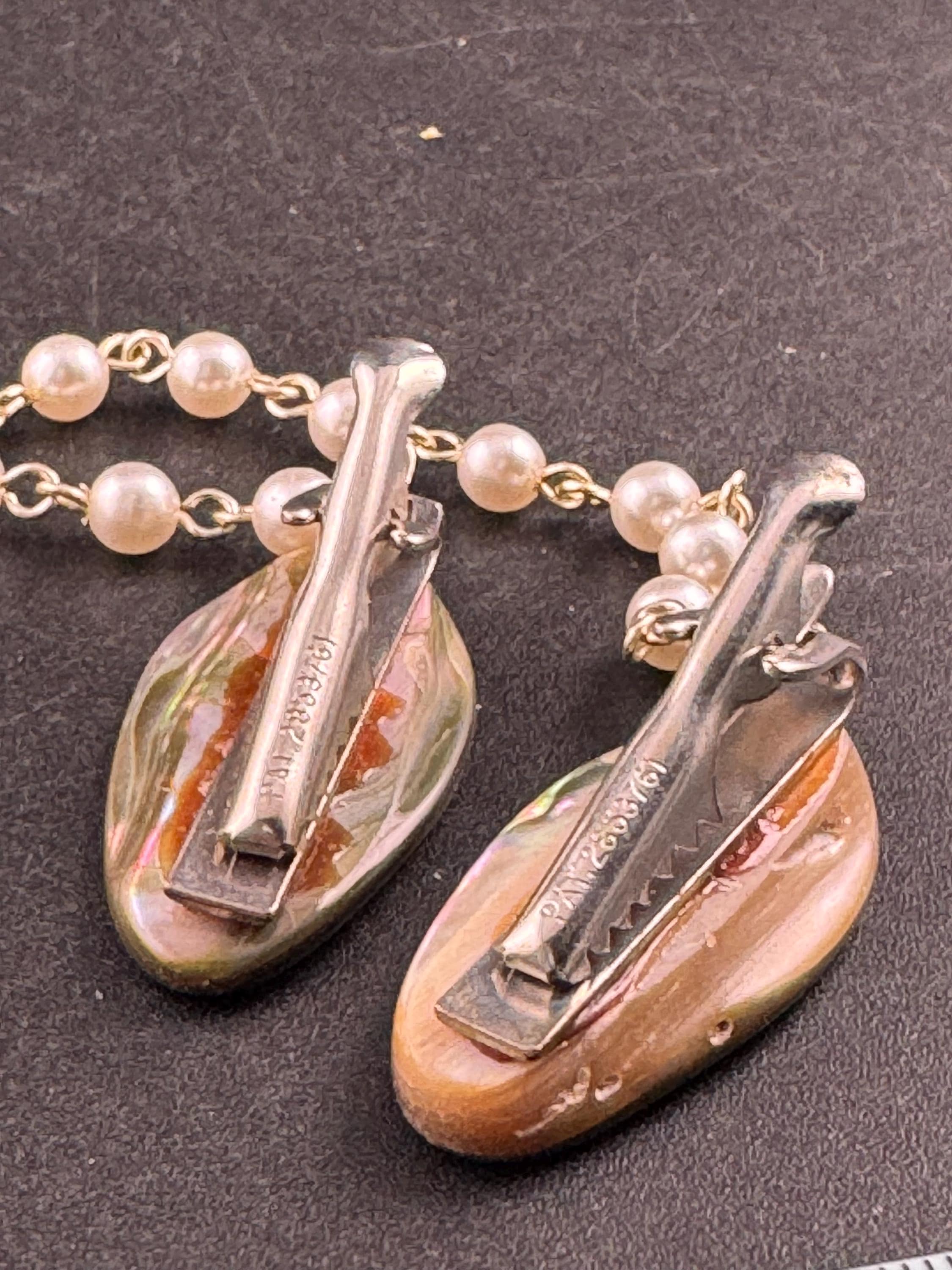 vintage abalone shell sweater guards, pearl and chain cloak clips gold tone