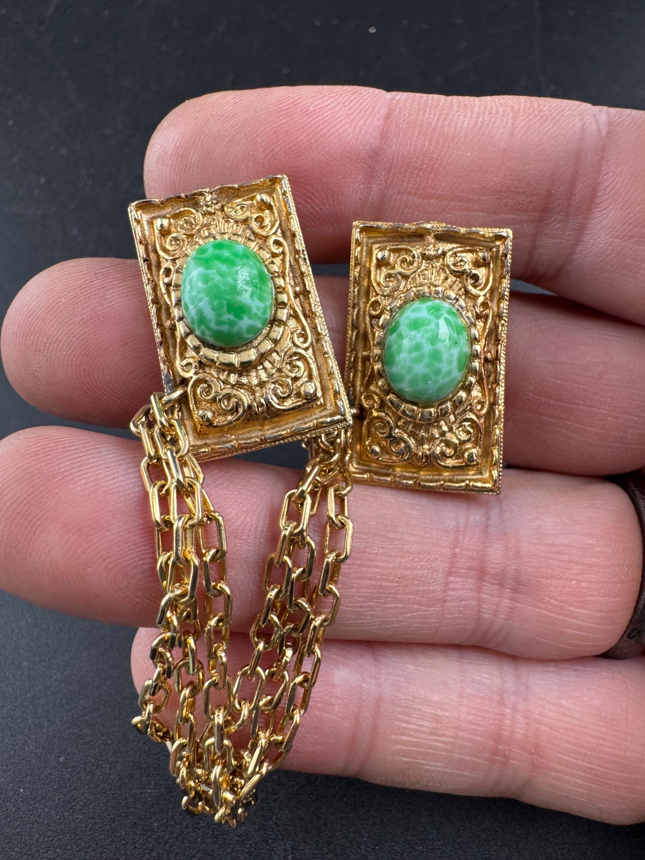 vintage peking glass double brooch, gold tone green cloak clips sweater guards