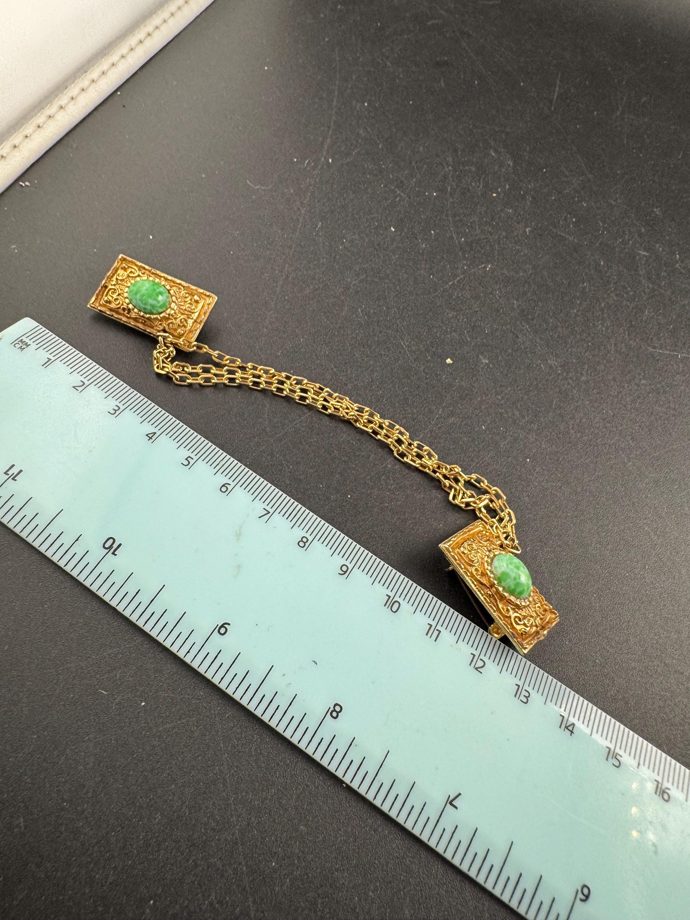 vintage peking glass double brooch, gold tone green cloak clips sweater guards