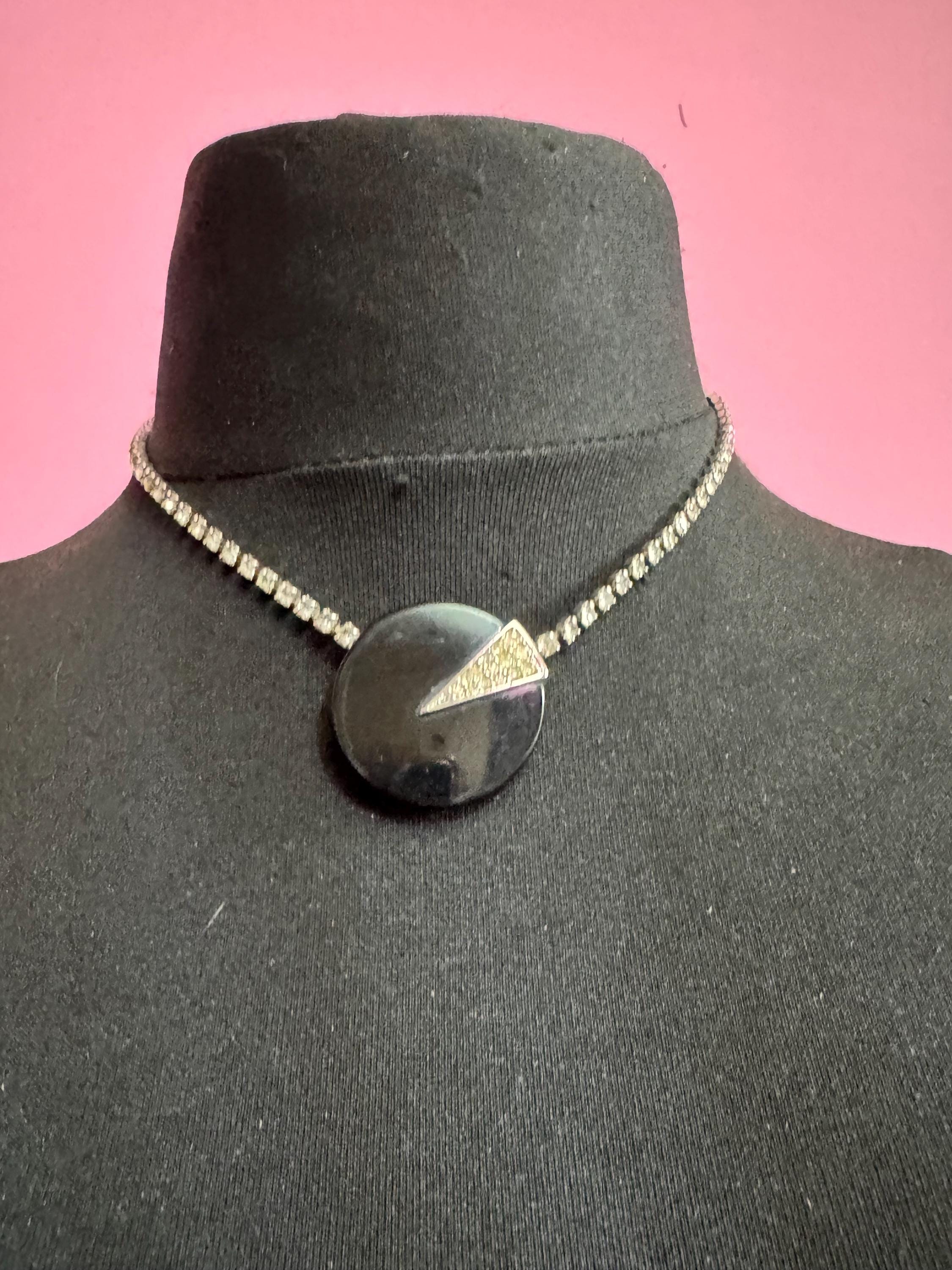 1970s Trifari ‘Art Moderne’ rhinestone necklace, black acrylic and clear stones art deco design