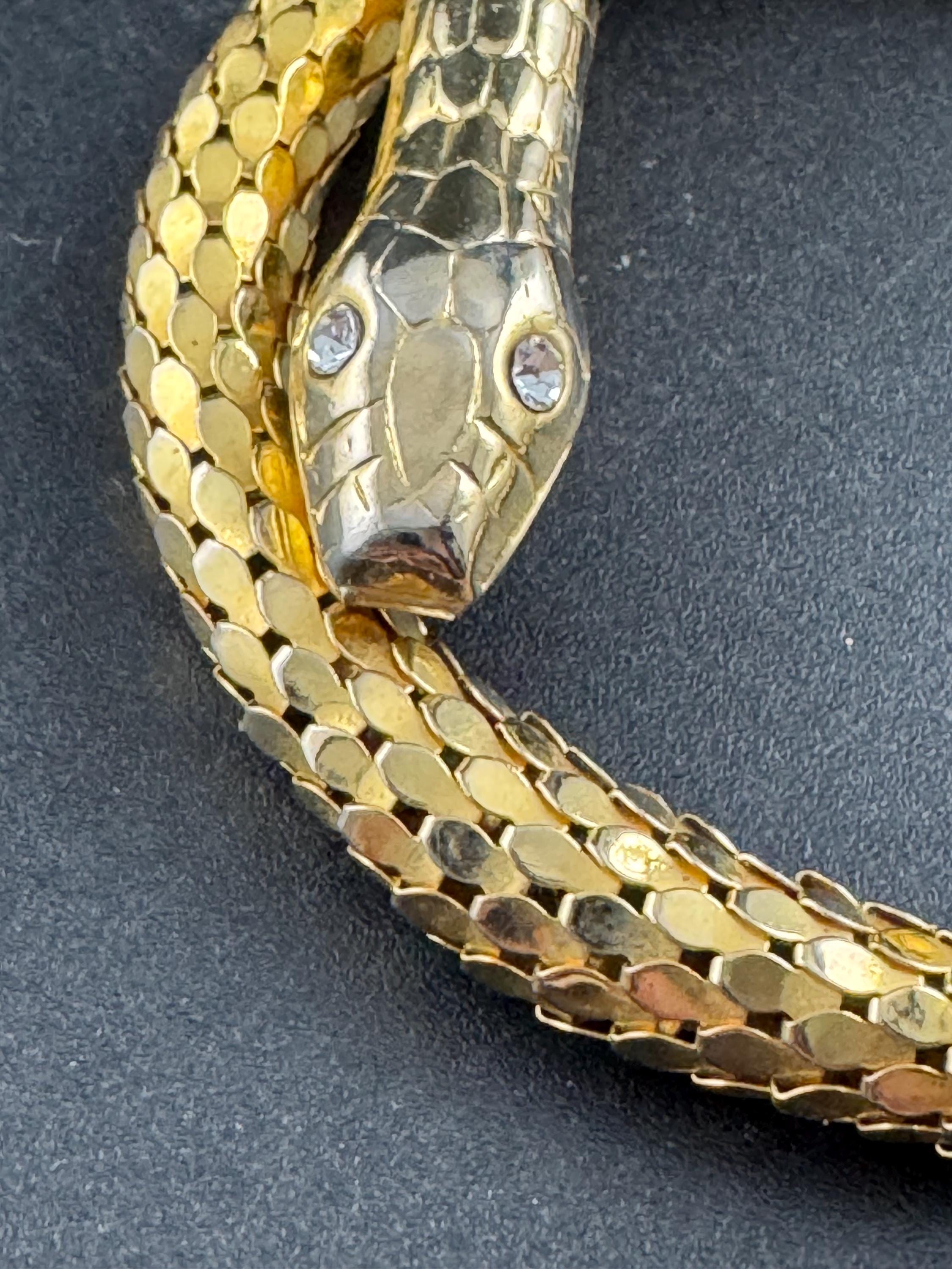 gold mesh Snake bangle,serpent bracelet wrap round with clear crystal eyes