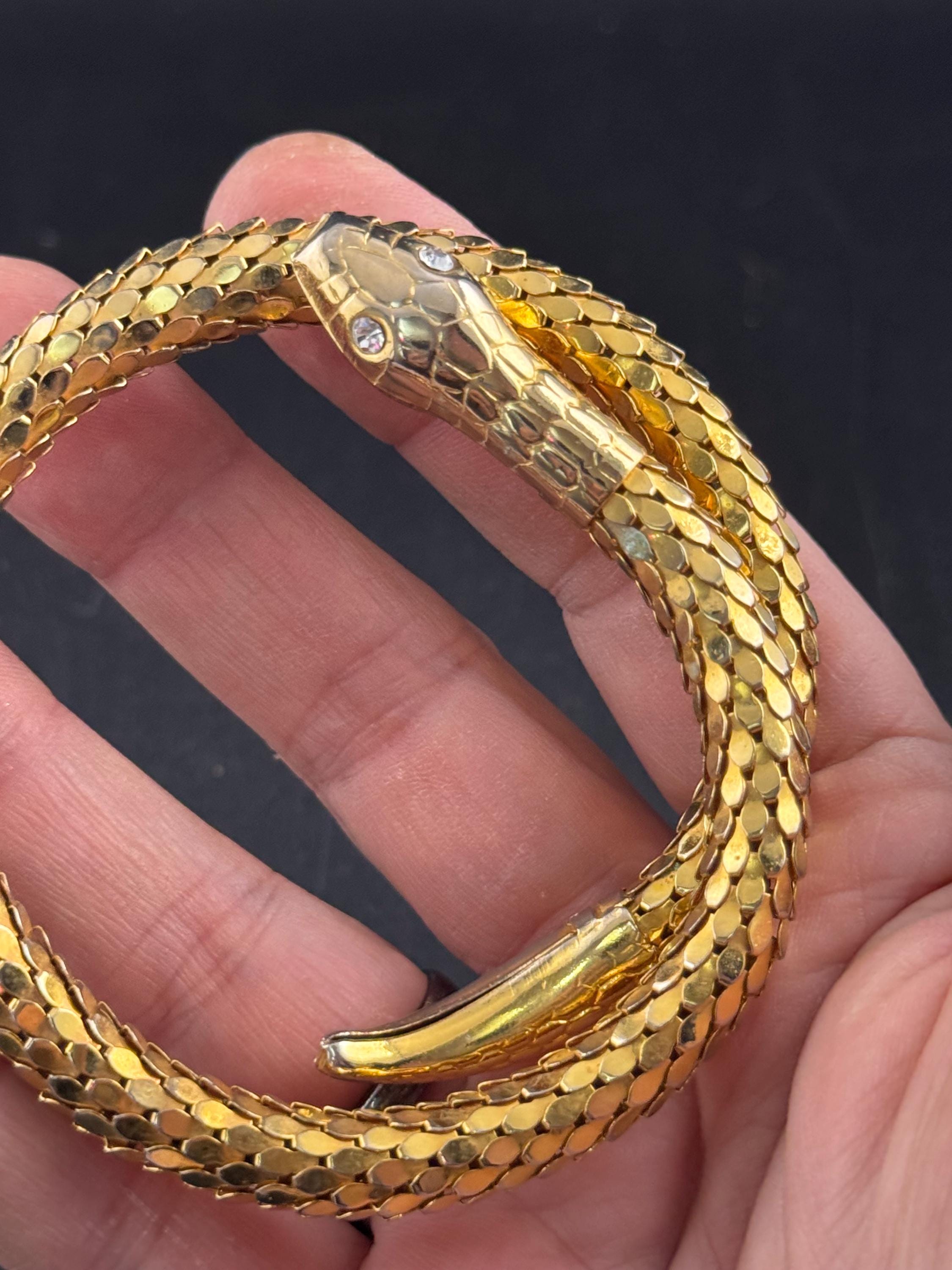 gold mesh Snake bangle,serpent bracelet wrap round with clear crystal eyes