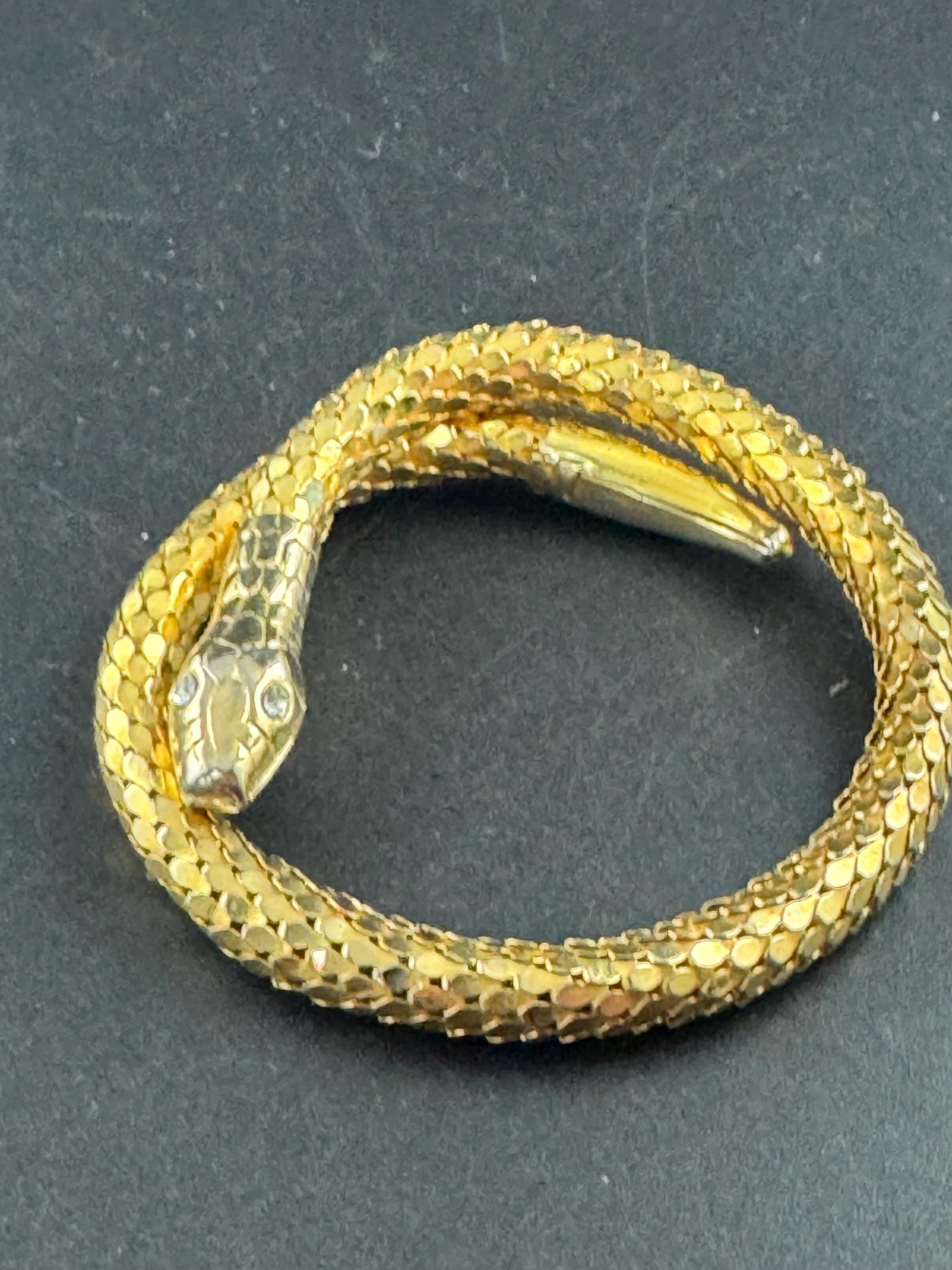 gold mesh Snake bangle,serpent bracelet wrap round with clear crystal eyes